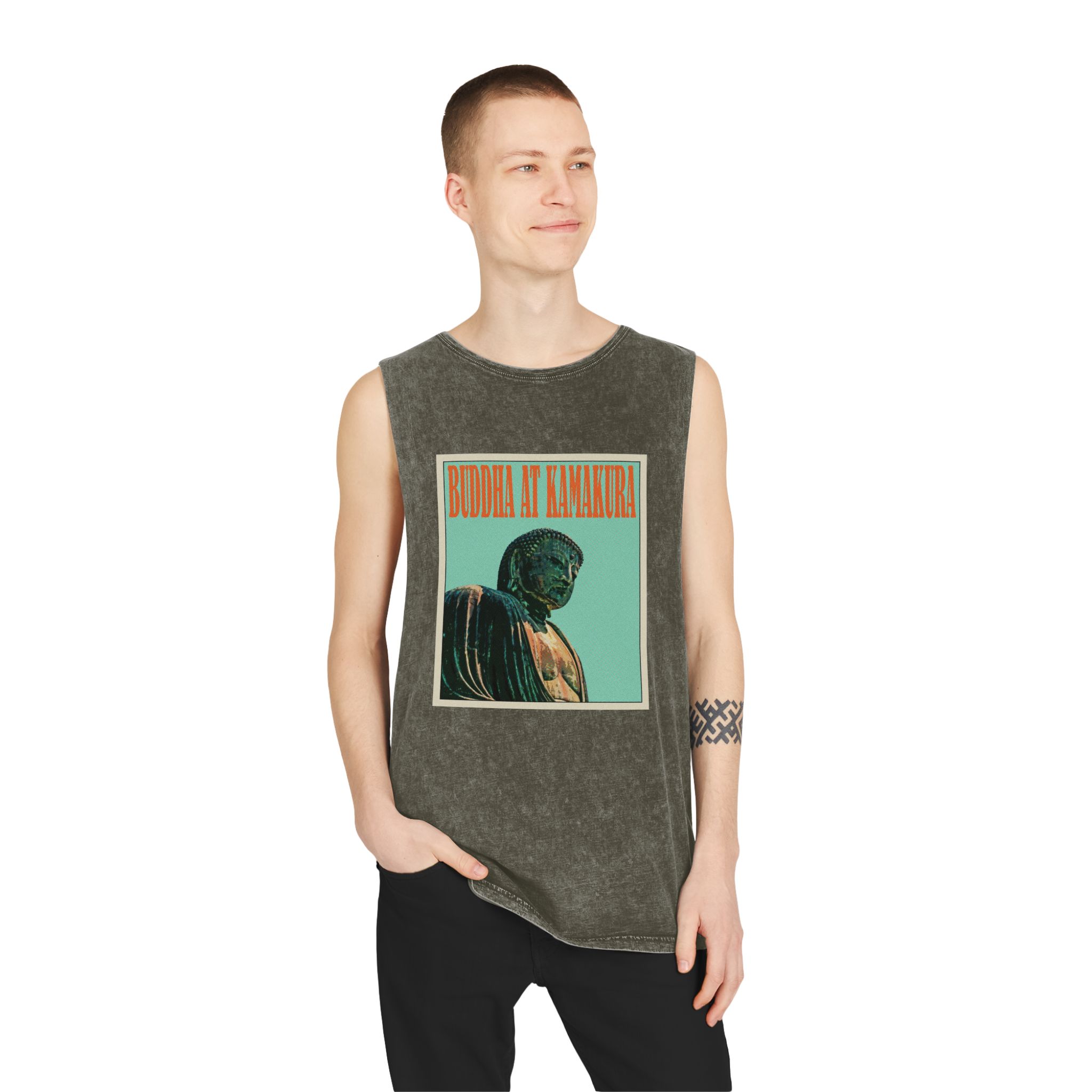 Buddha Kamakura Retro Travel Poster Unisex Stonewash Tank Top - Image 7