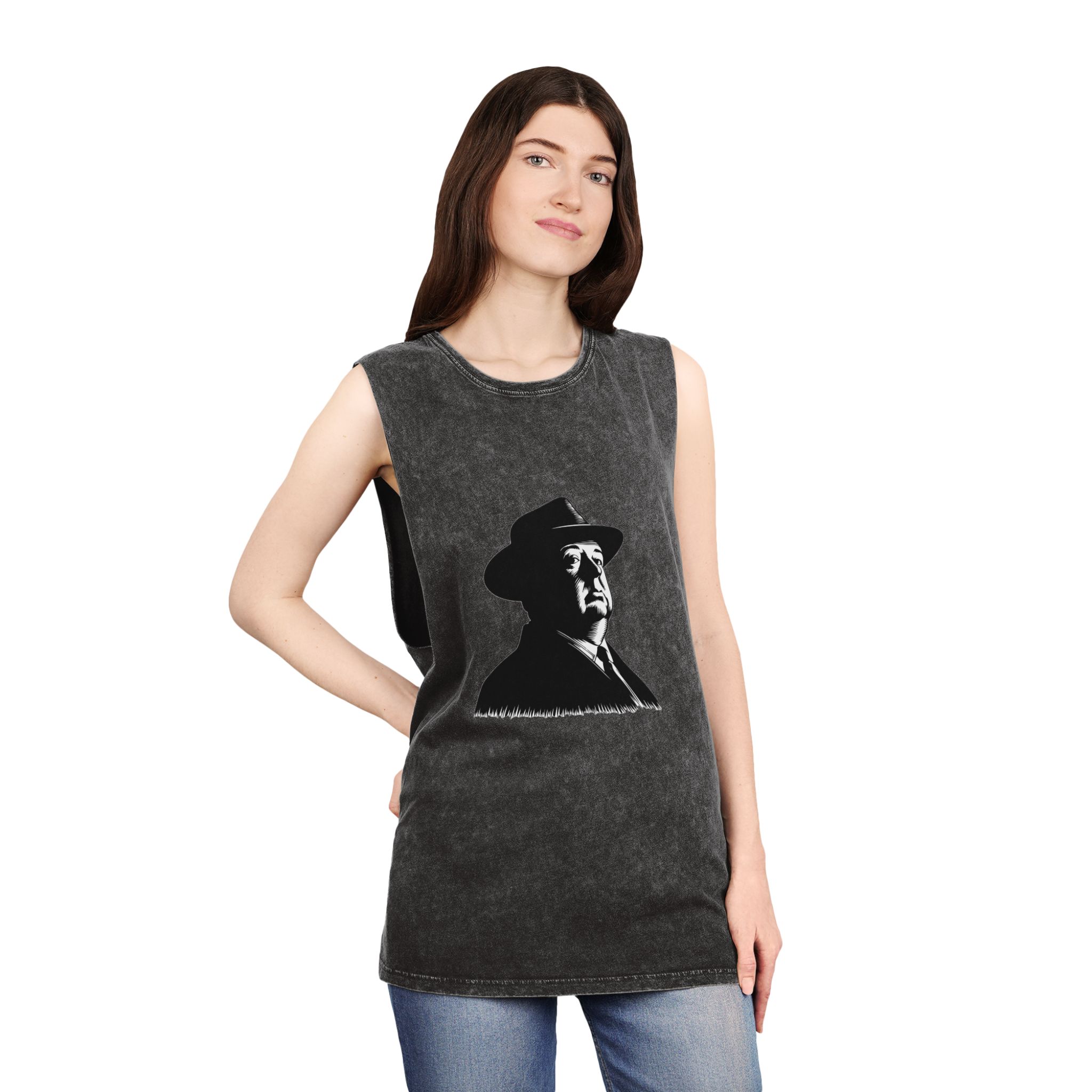 Fondo de “alfred Hitchcock (1) Unisex Stonewash Tank Top - Image 4