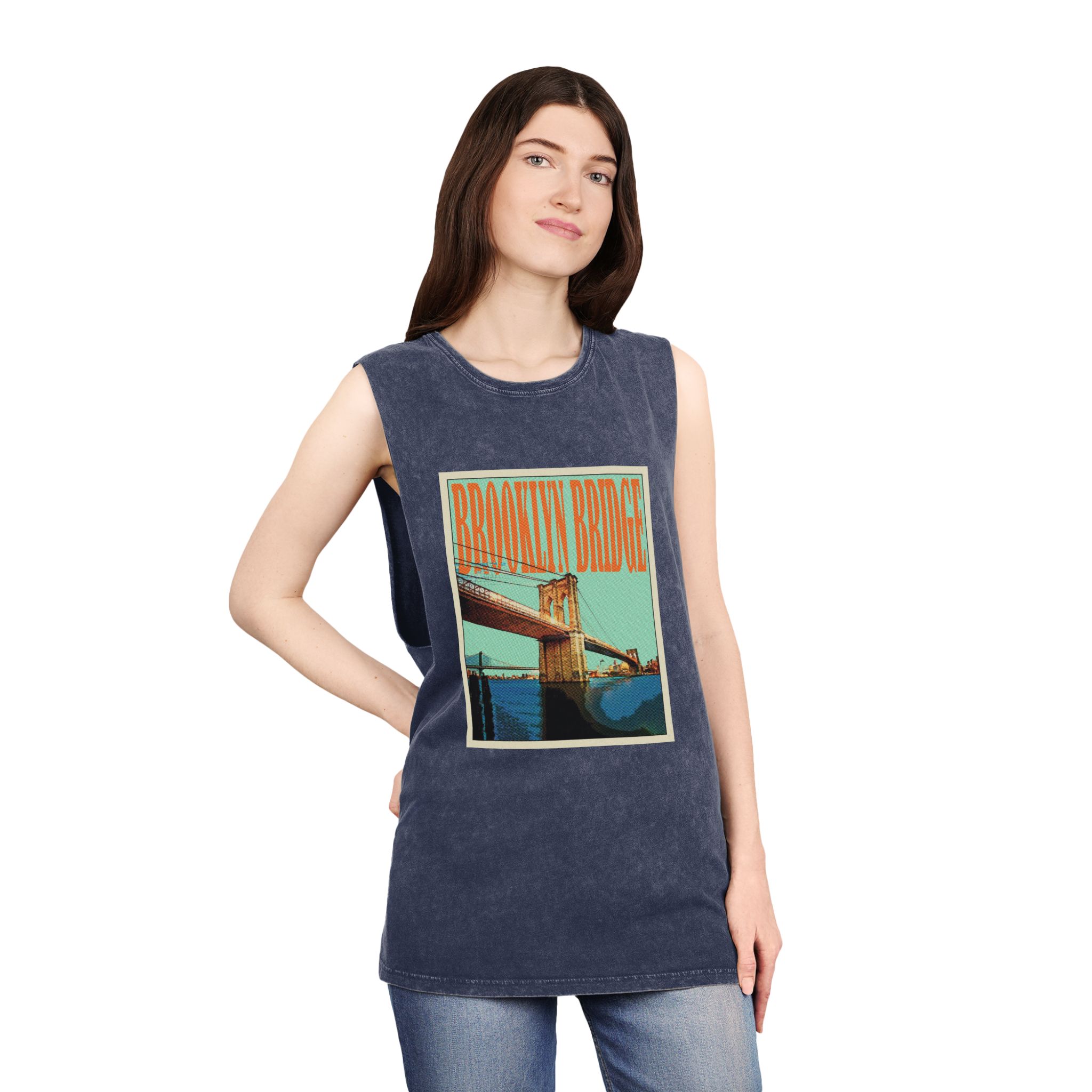 Brooklyn Bridge Retro Travel Poster Unisex Stonewash Tank Top - Image 16