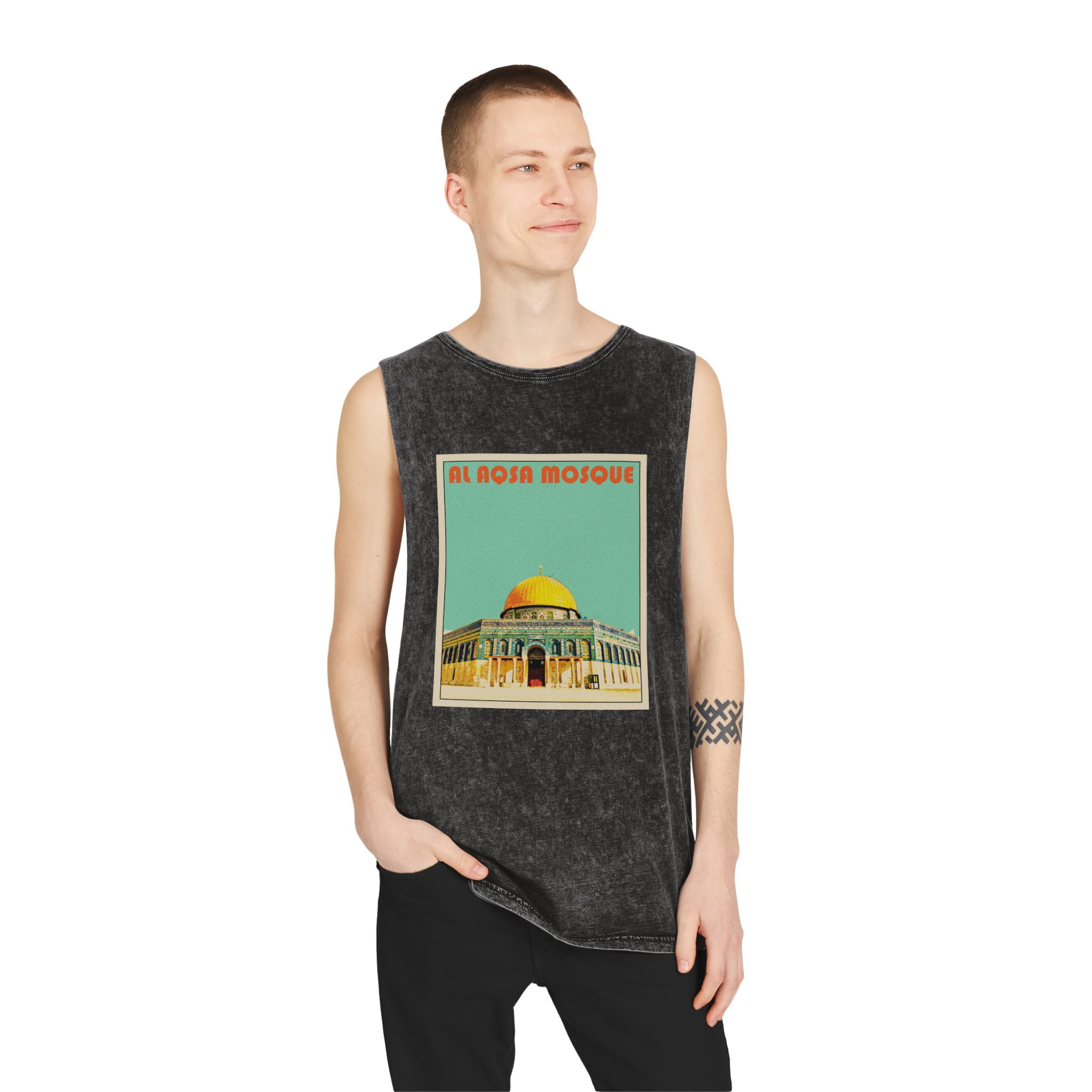 Al Aqsa Mosque Retro Travel Poster Unisex Stonewash Tank Top - Image 3