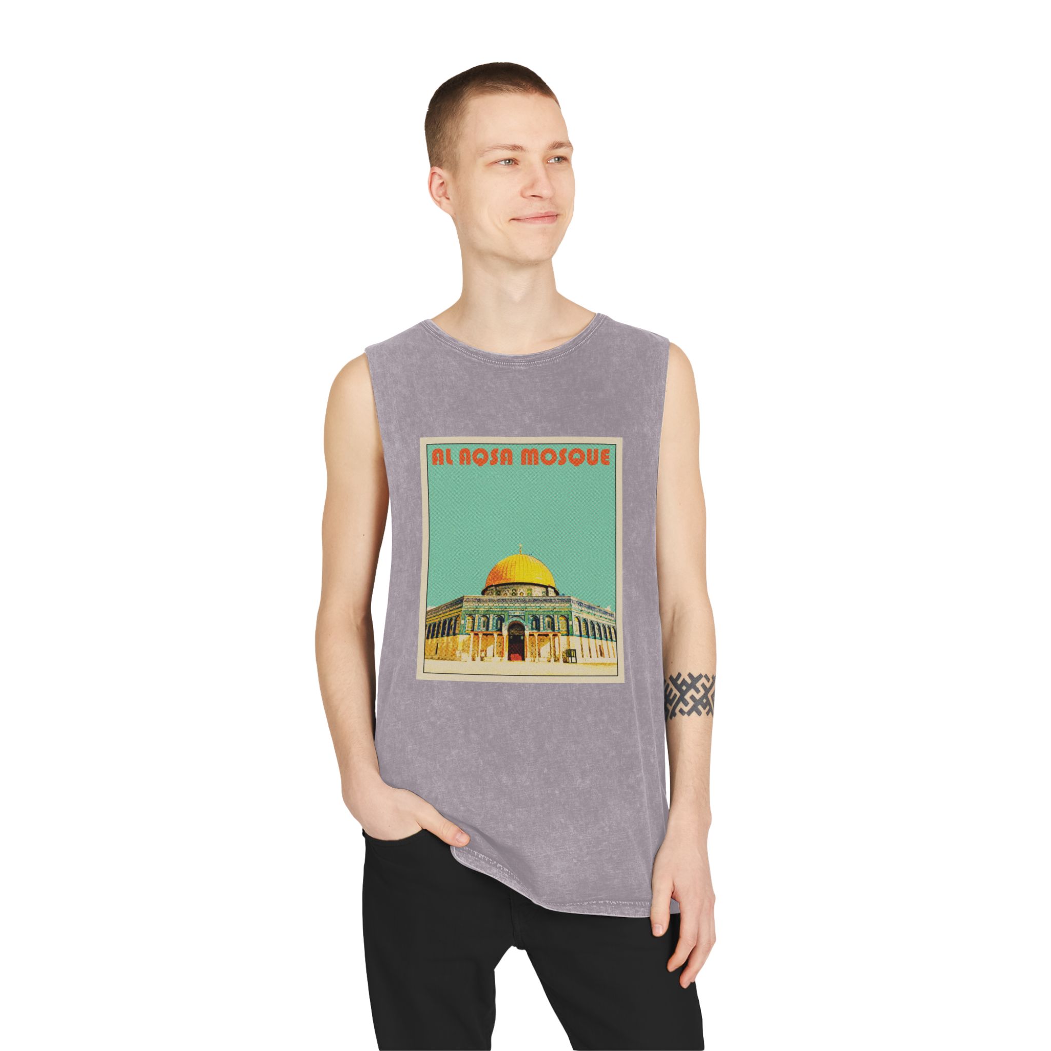 Al Aqsa Mosque Retro Travel Poster Unisex Stonewash Tank Top - Image 19