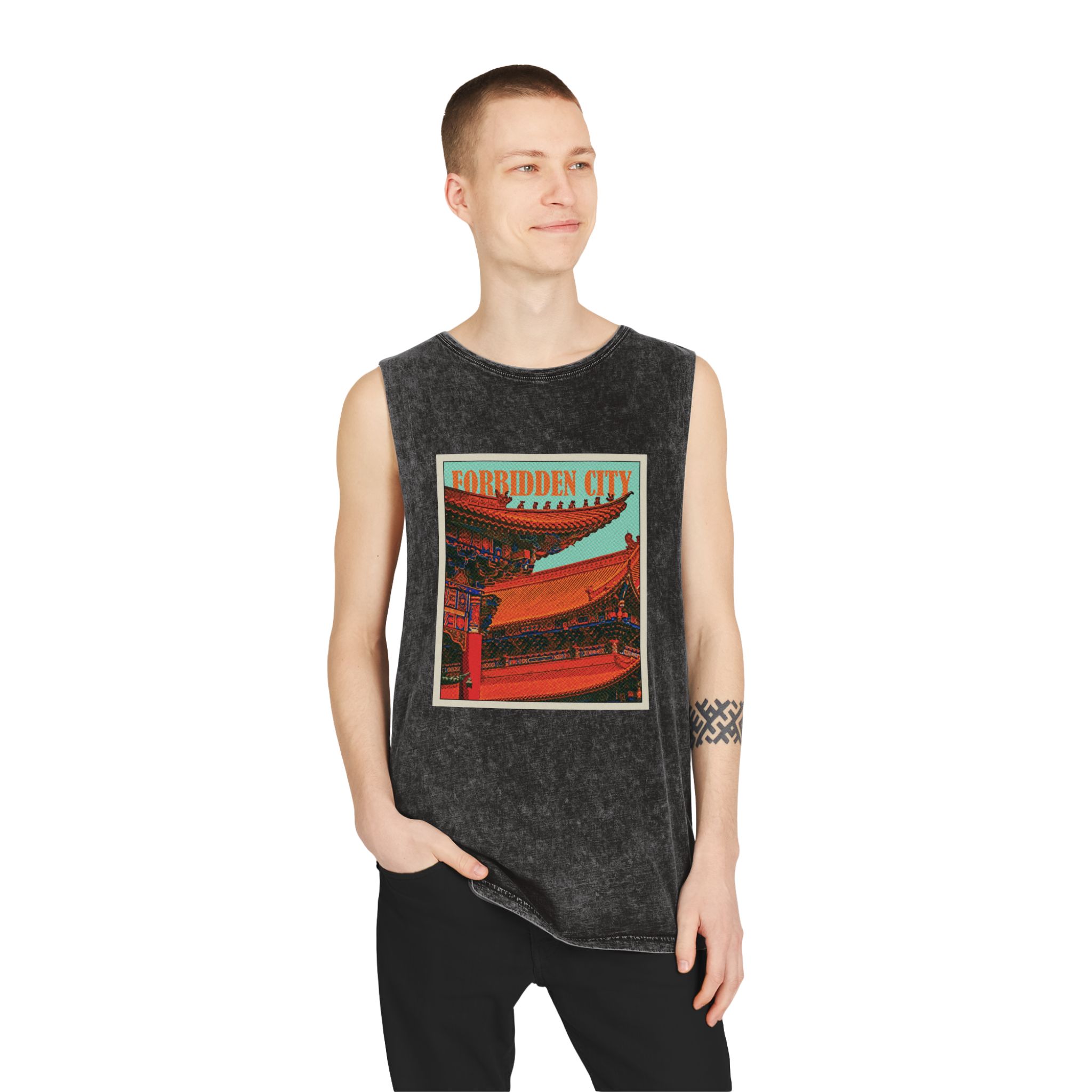 Forbidden City Retro Travel Poster Unisex Stonewash Tank Top - Image 3