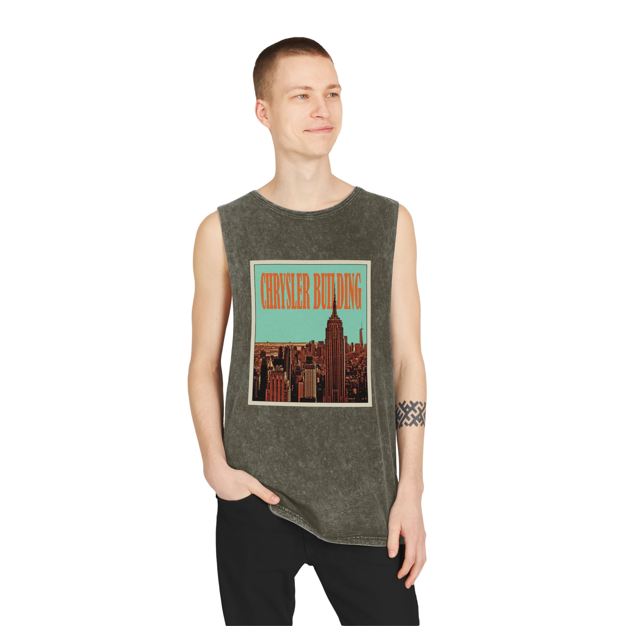 Chrysler Building Retro Travel Poster Unisex Stonewash Tank Top - Image 7