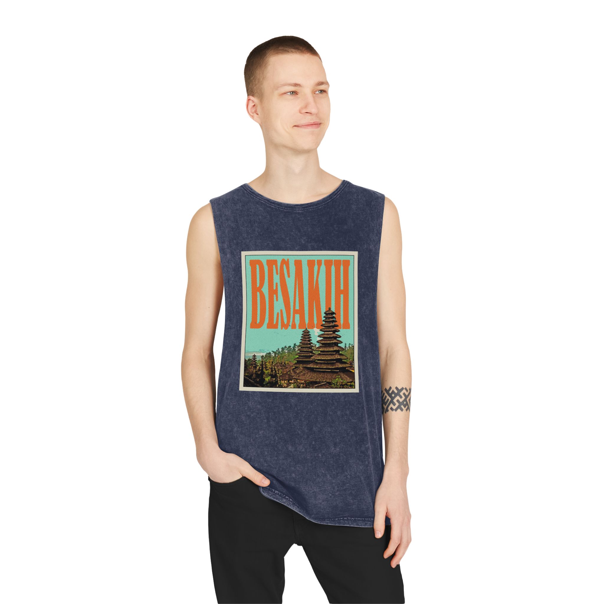 Besakih Retro Travel Poster Unisex Stonewash Tank Top - Image 15
