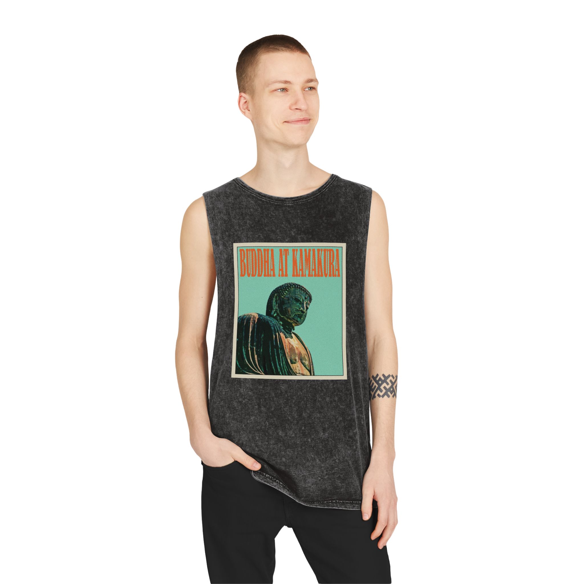 Buddha Kamakura Retro Travel Poster Unisex Stonewash Tank Top - Image 3