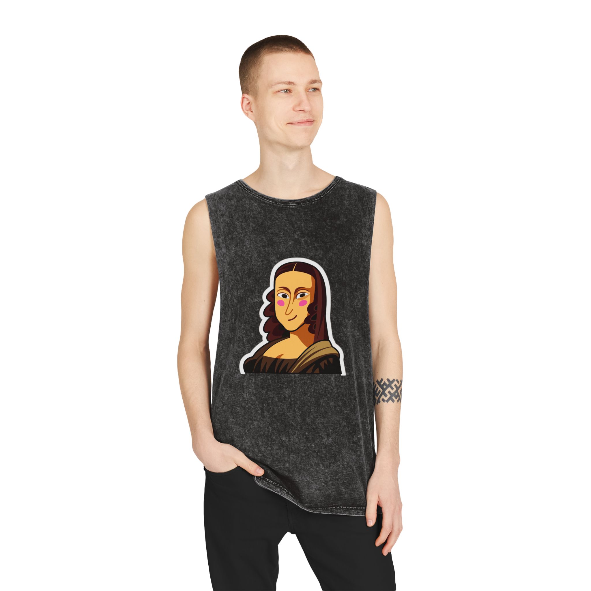Cartoon Mona Lisa Sticker Unisex Stonewash Tank Top - Image 3