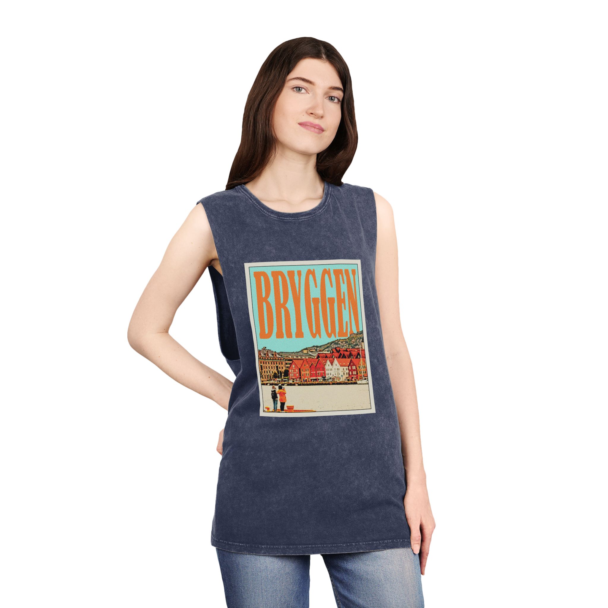 Bryggen Retro Travel Poster (1) Unisex Stonewash Tank Top - Image 16