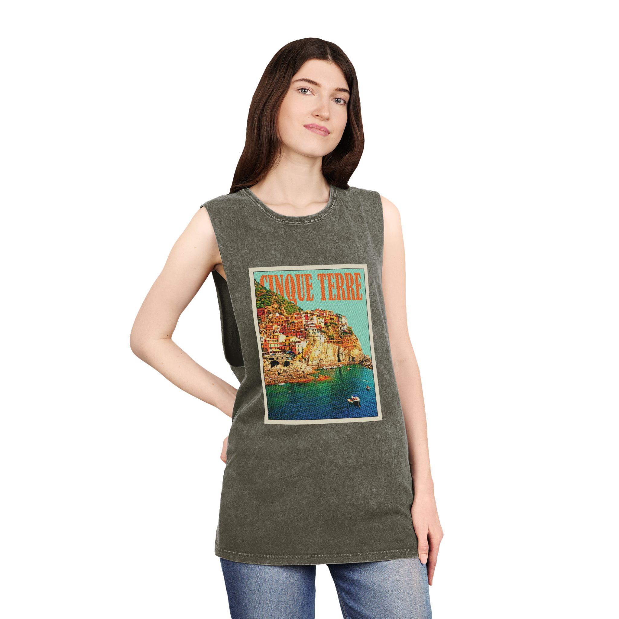 Cinque Terre Retro Travel Poster Unisex Stonewash Tank Top - Image 8