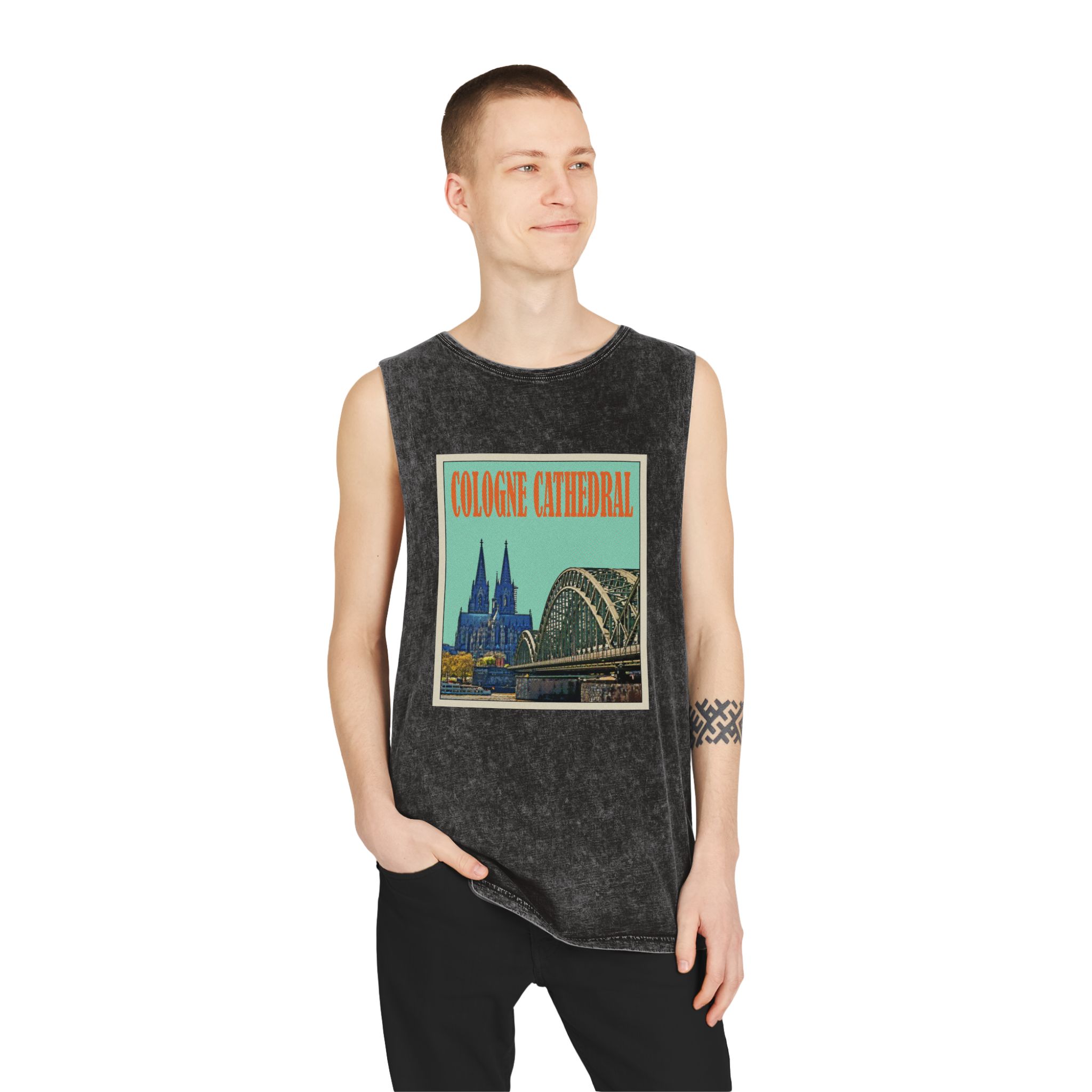 Cologne Cathedral Retro Travel Poster Unisex Stonewash Tank Top - Image 3