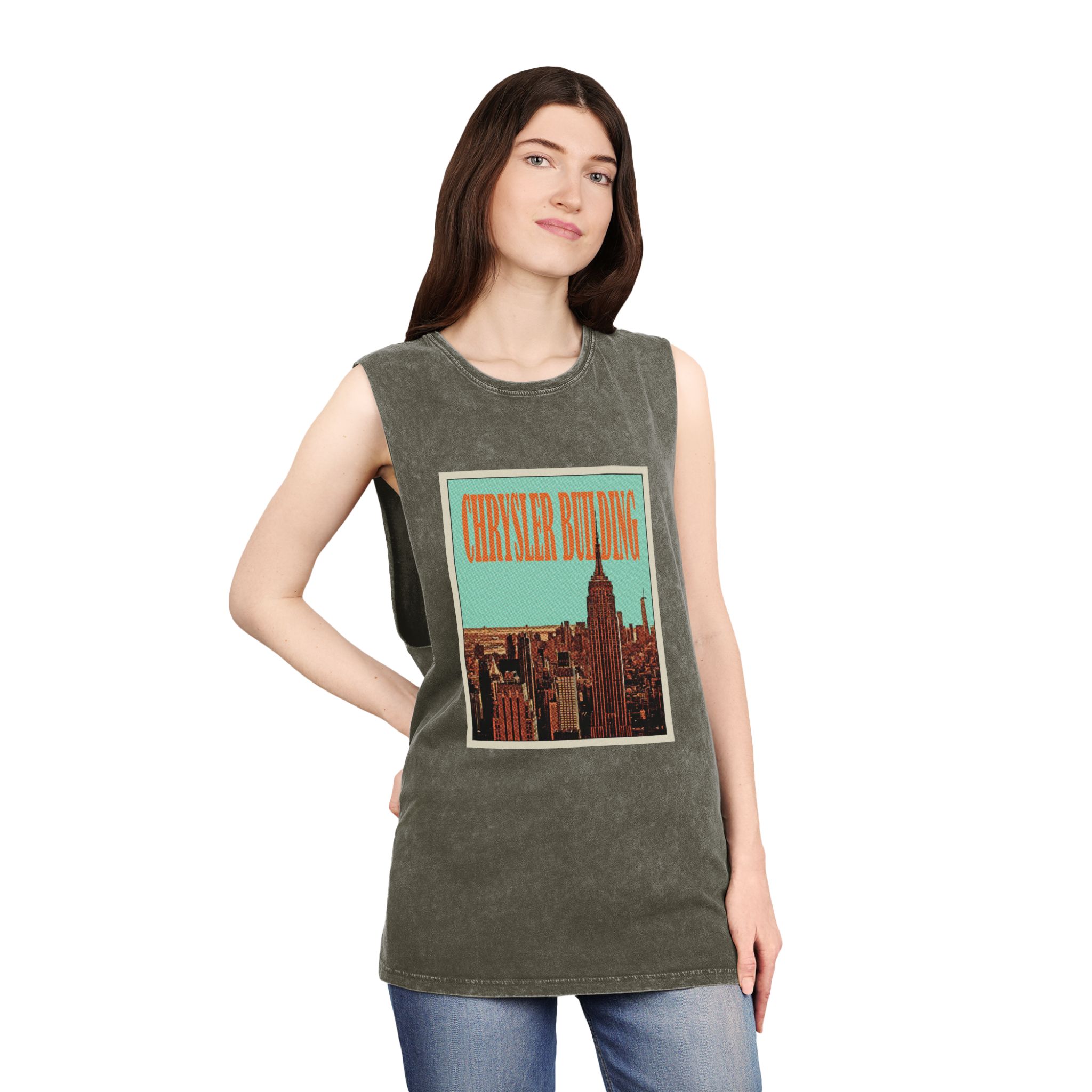 Chrysler Building Retro Travel Poster Unisex Stonewash Tank Top - Image 8