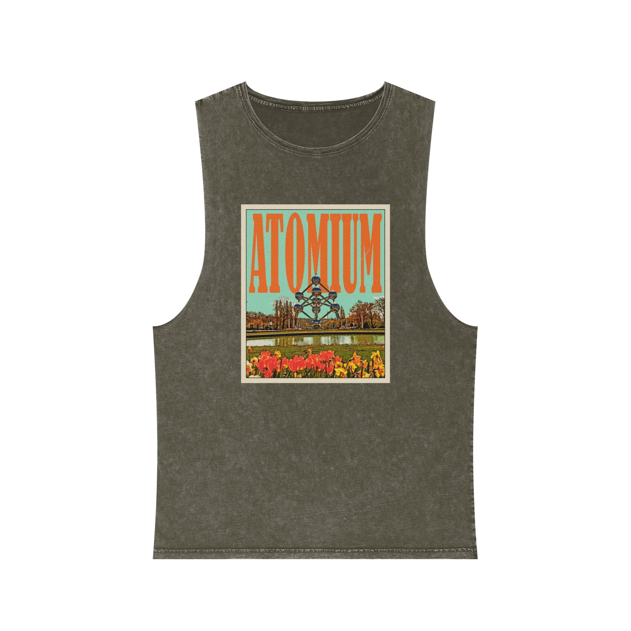 Atomium Retro Travel Poster Unisex Stonewash Tank Top - Image 5