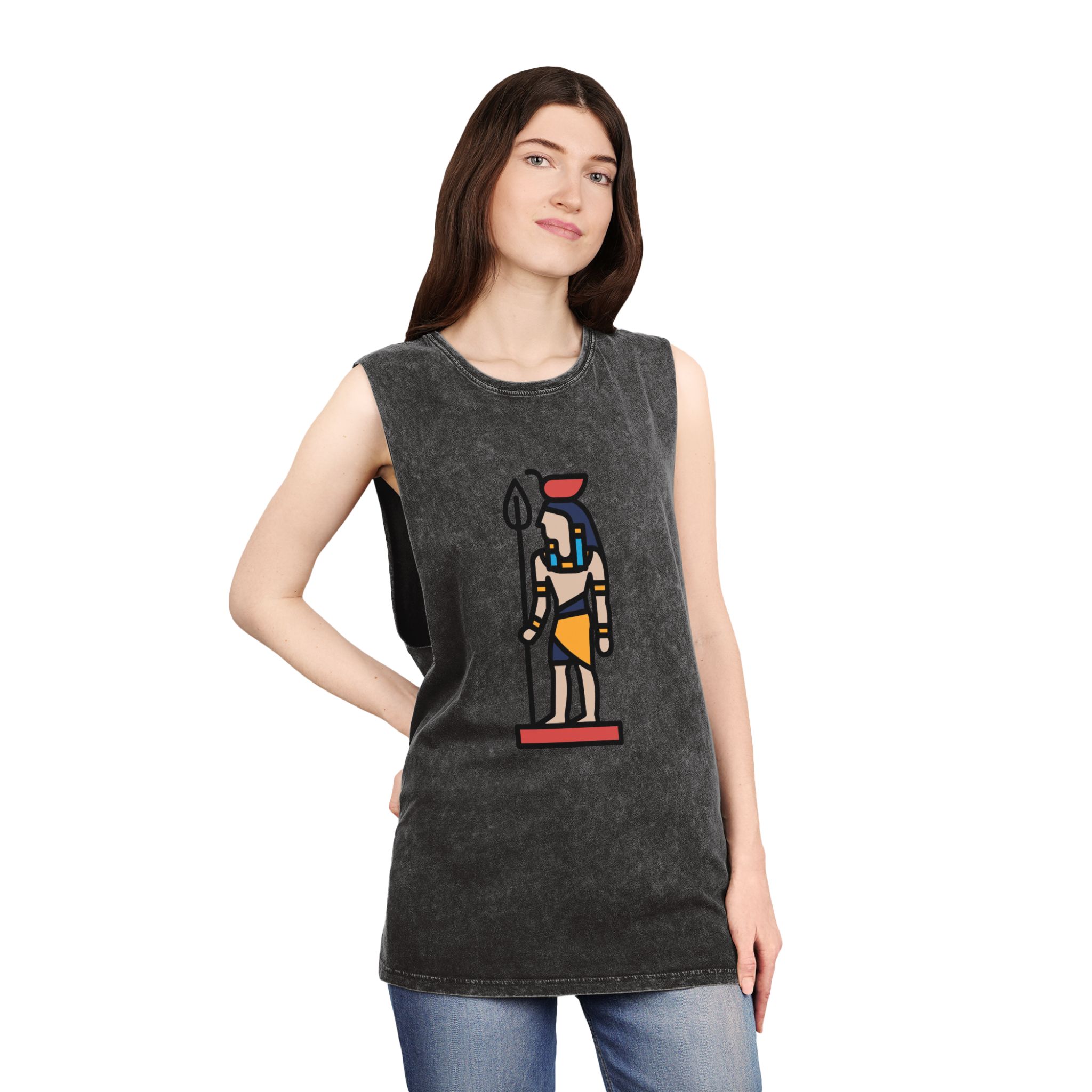 Ancient Egyptian Sculpture Line Style Unisex Stonewash Tank Top - Image 4