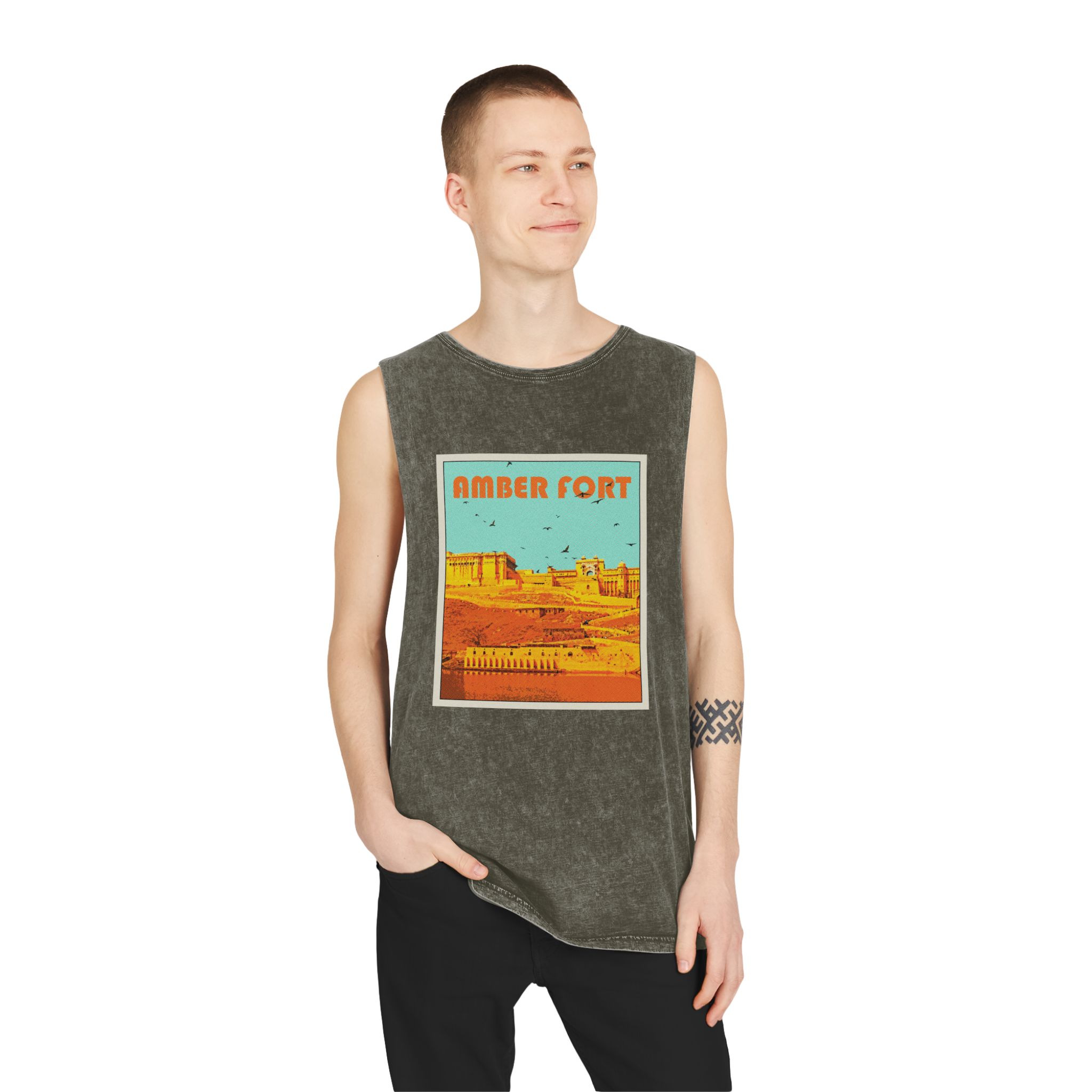 Amber Fort Retro Travel Poster Unisex Stonewash Tank Top - Image 7
