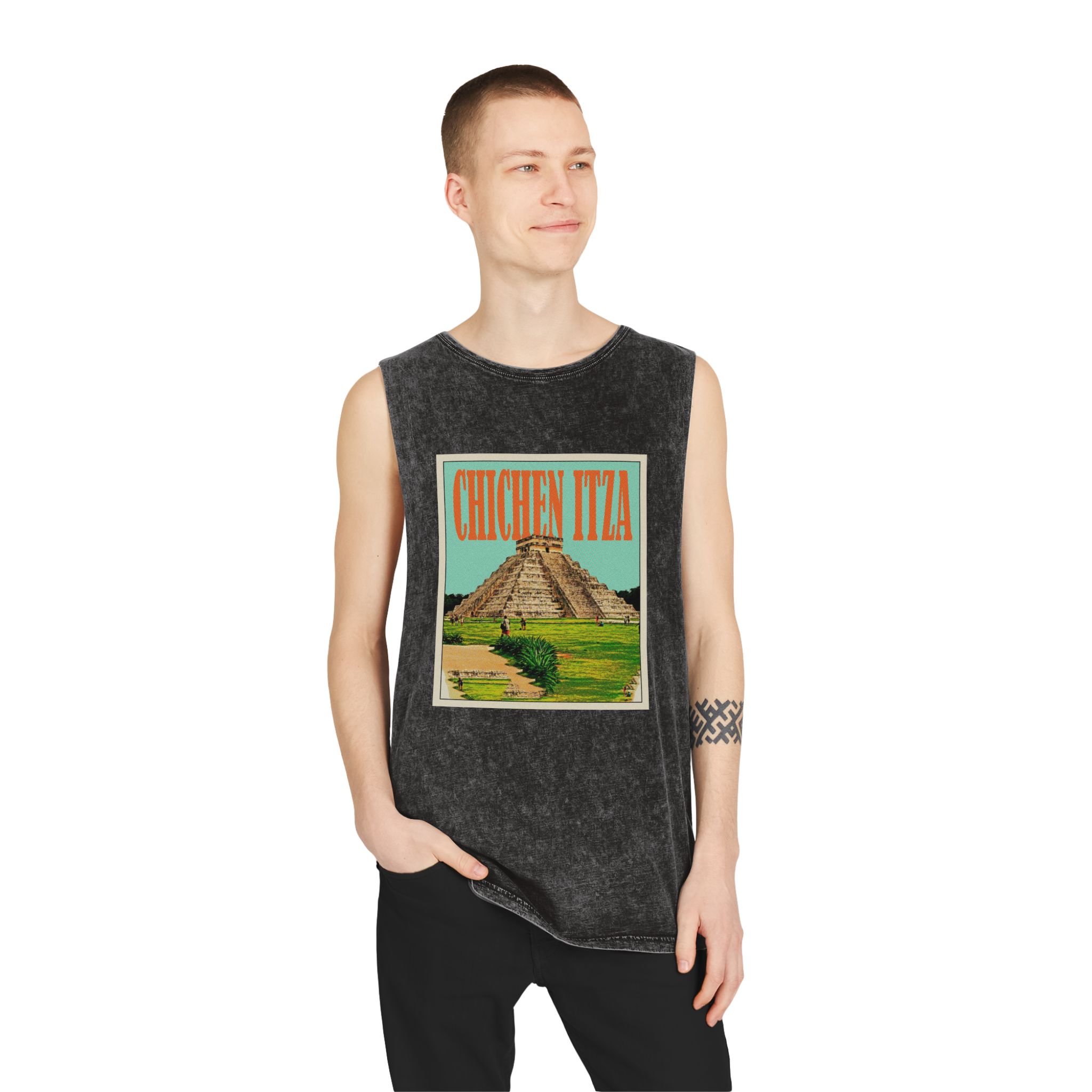 Chichen Itza Retro Travel Poster Unisex Stonewash Tank Top - Image 3