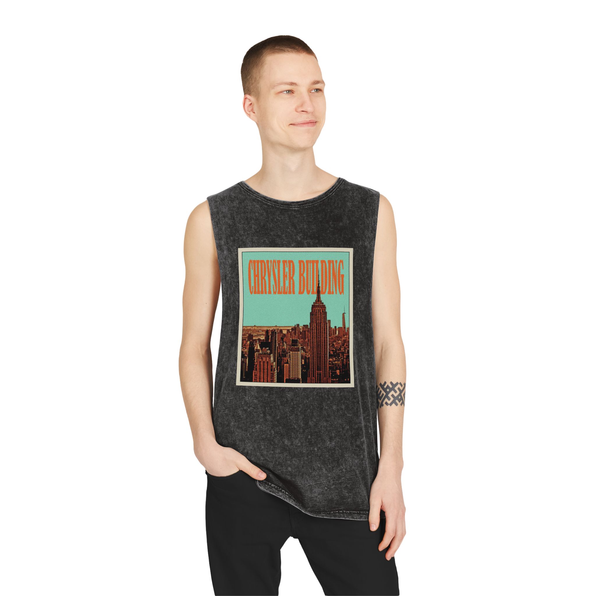 Chrysler Building Retro Travel Poster Unisex Stonewash Tank Top - Image 3