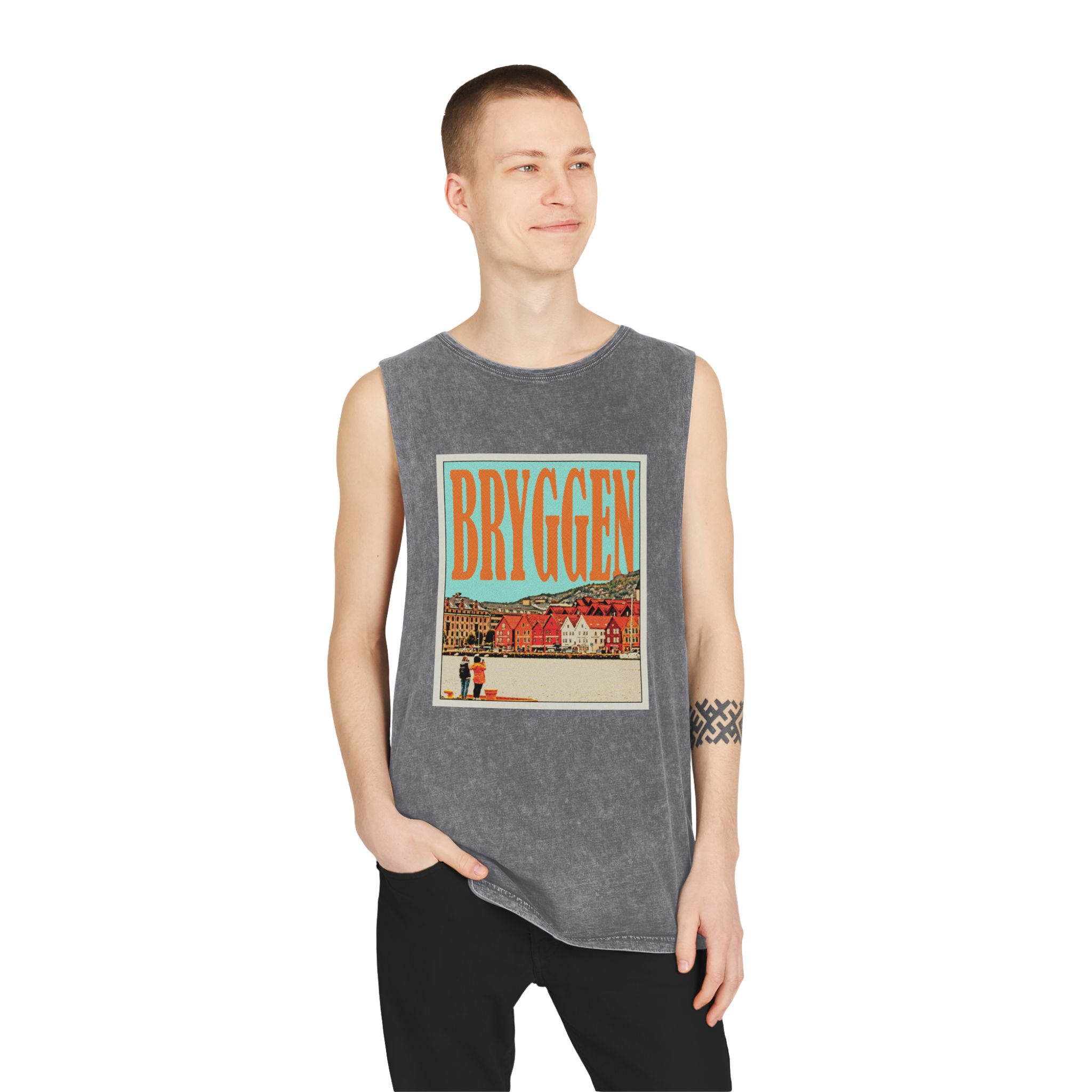 Bryggen Retro Travel Poster (1) Unisex Stonewash Tank Top - Image 11