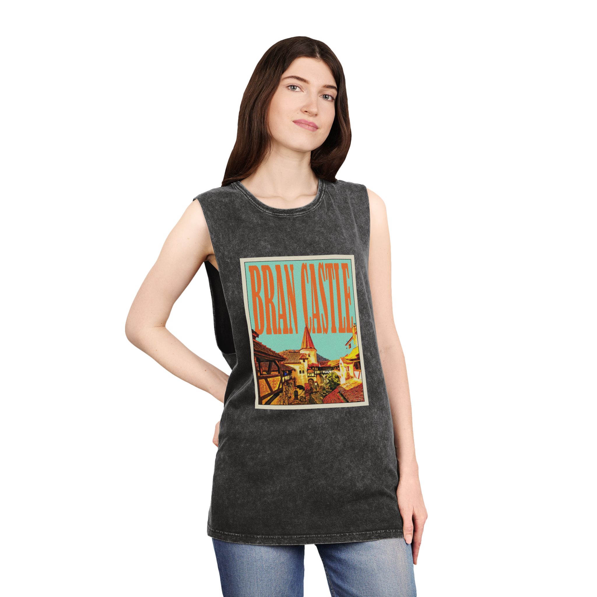 Bran Castle Retro Travel Poster (1) Unisex Stonewash Tank Top - Image 4