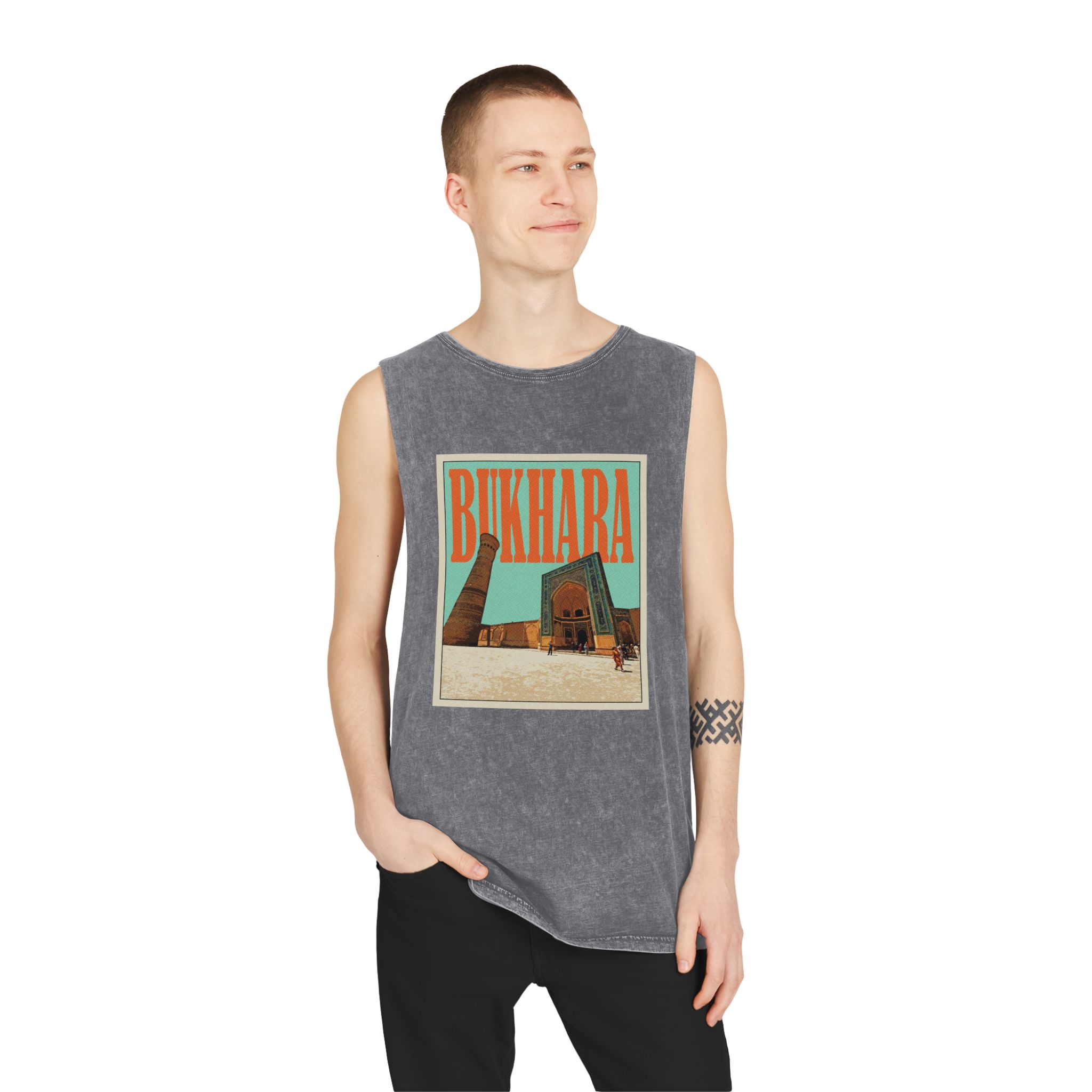 Bukhara Retro Travel Poster (1) Unisex Stonewash Tank Top - Image 11