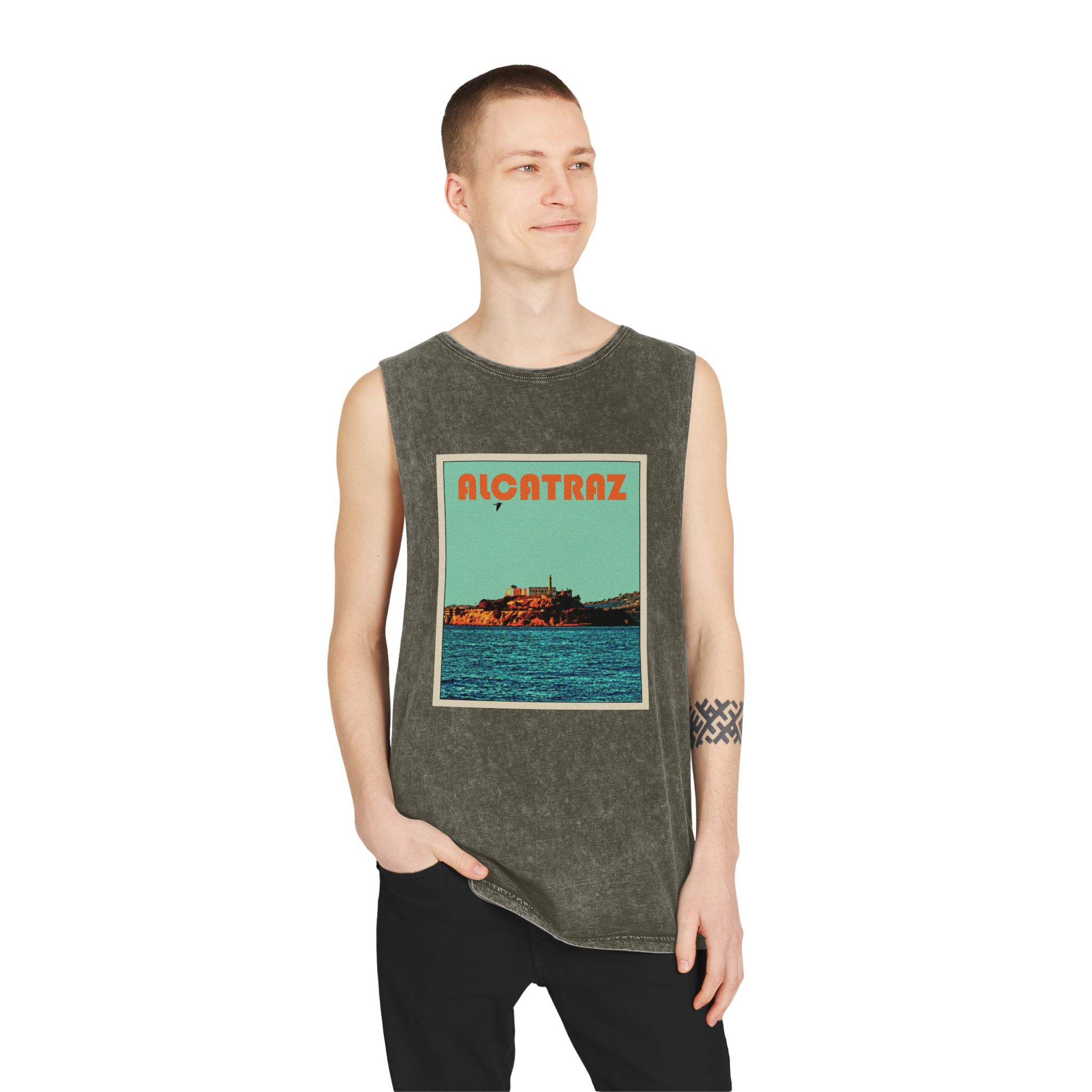 Alcatraz Retro Travel Poster Unisex Stonewash Tank Top - Image 7
