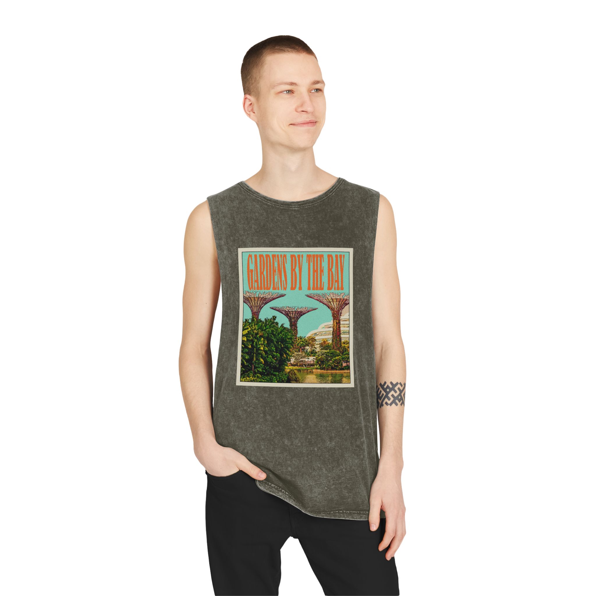Gardens By Bay Retro Travel Poster (1) Unisex Stonewash Tank Top - Image 7
