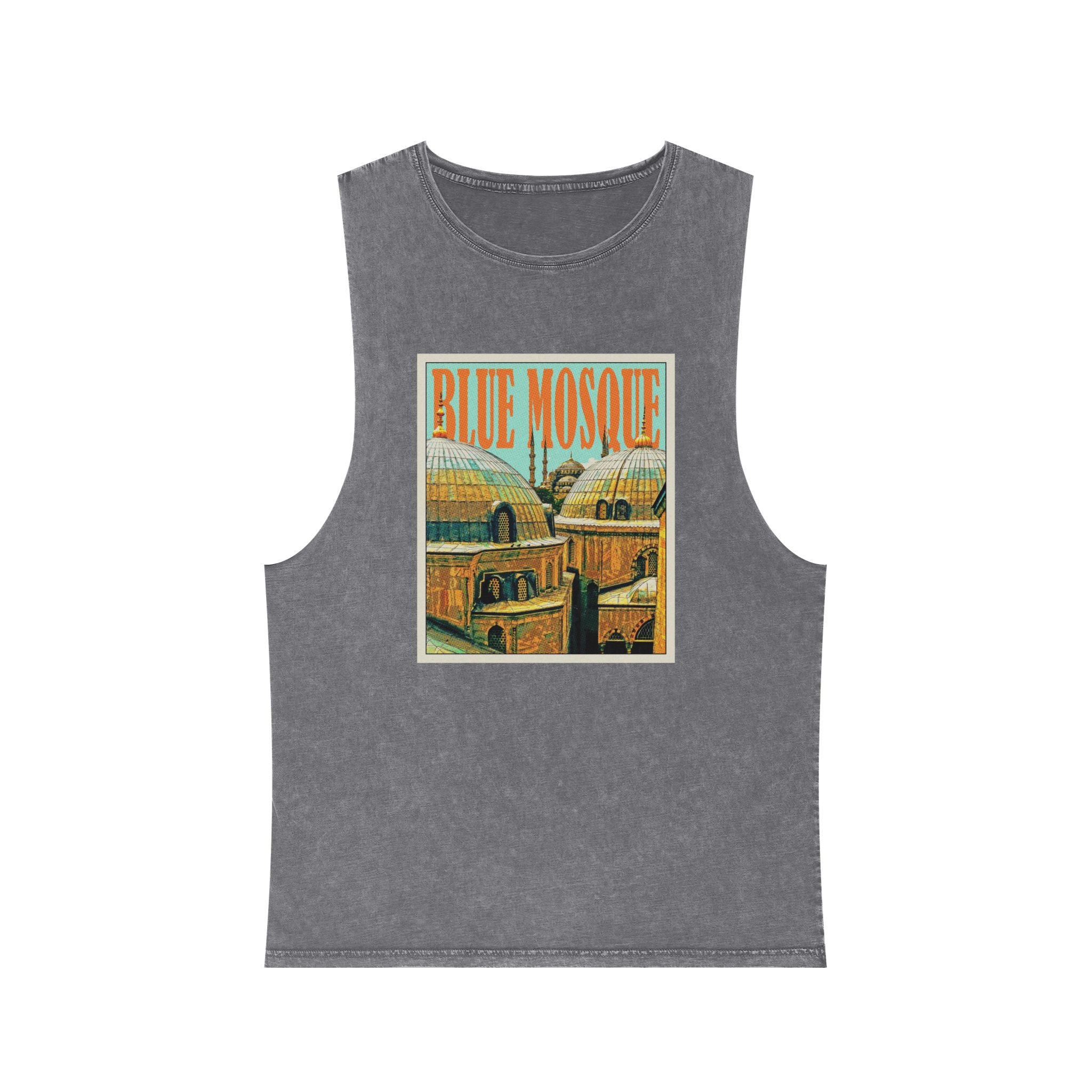 Blue Mosque Retro Travel Poster (1) Unisex Stonewash Tank Top - Image 9