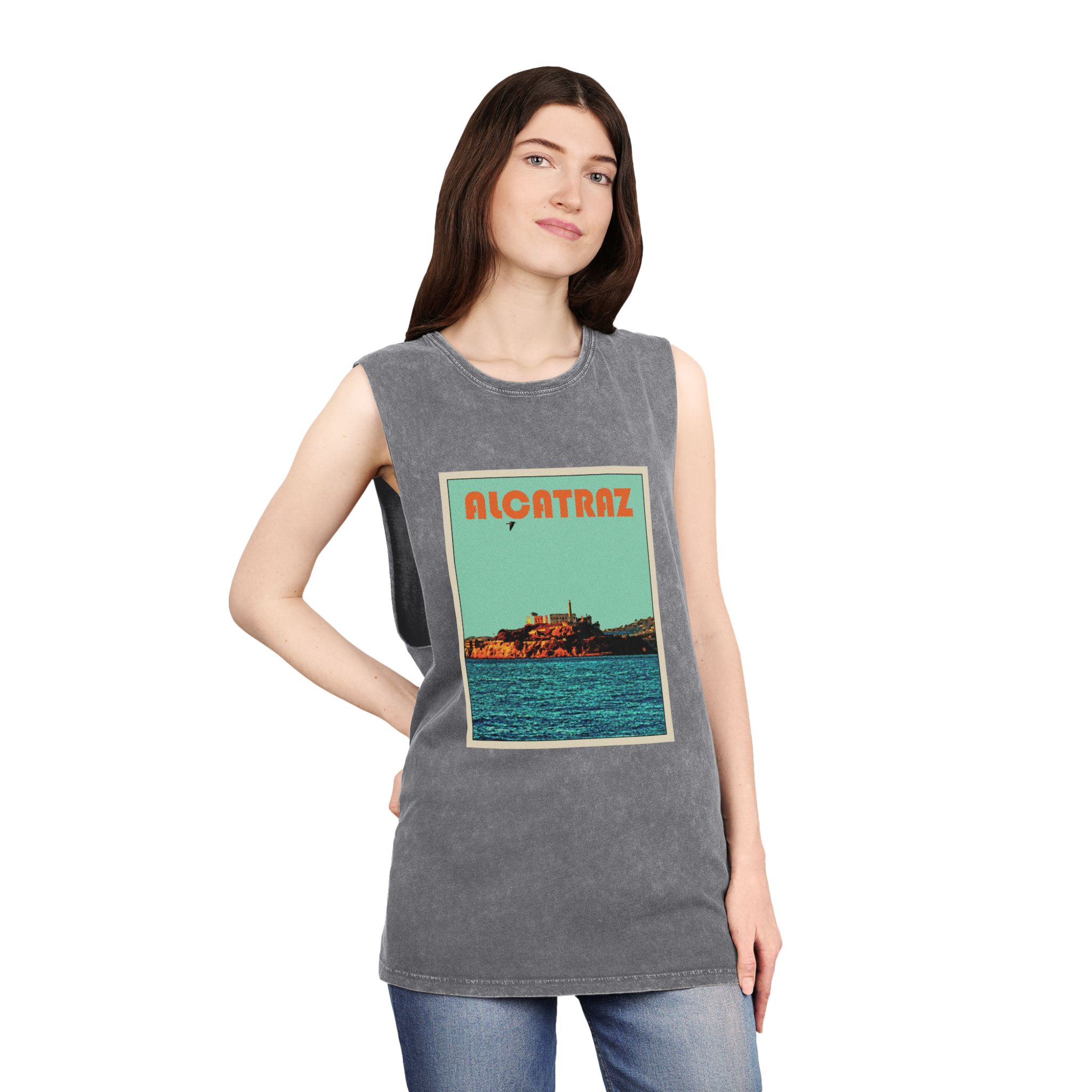 Alcatraz Retro Travel Poster Unisex Stonewash Tank Top - Image 12