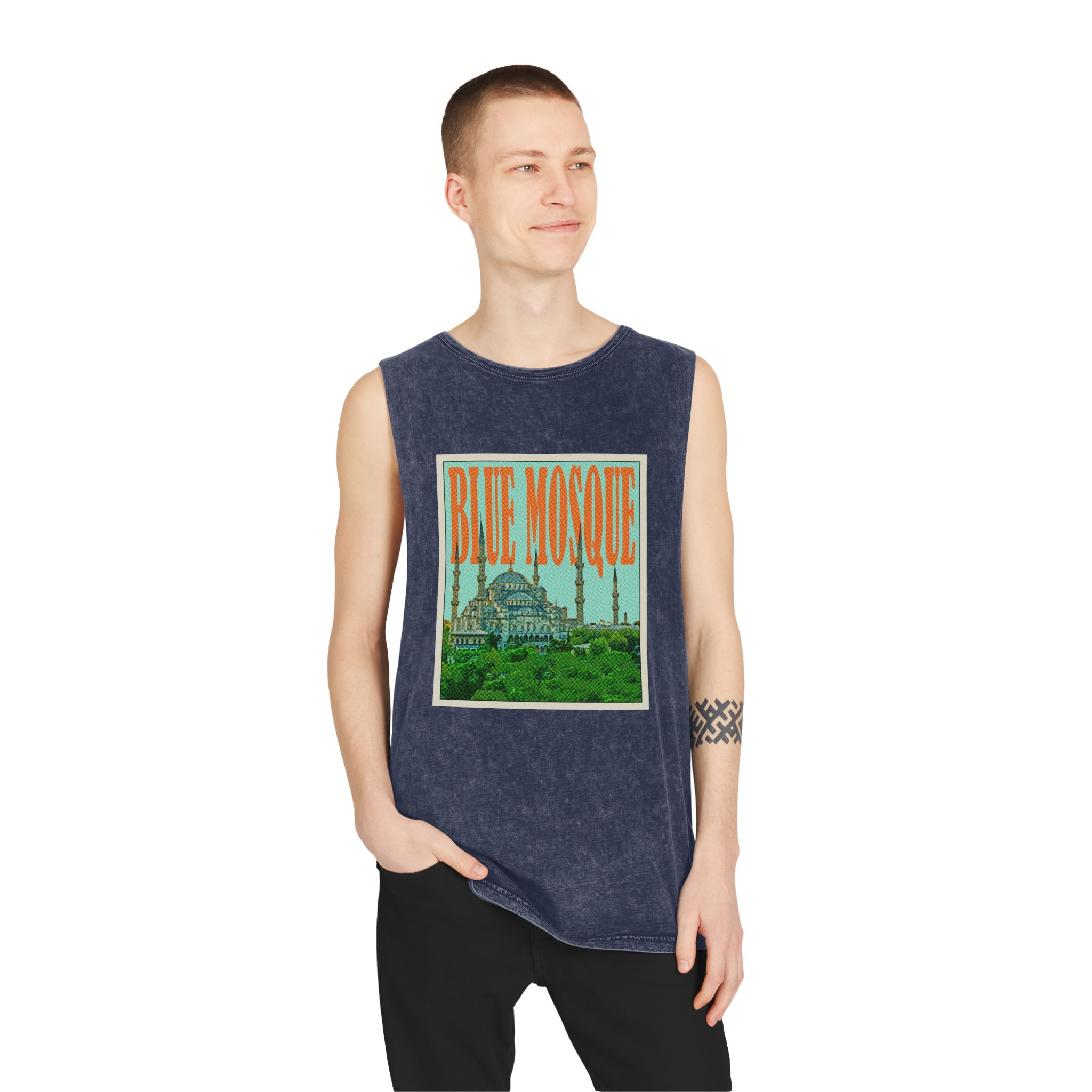 Blue Mosque Retro Travel Poster Unisex Stonewash Tank Top - Image 15
