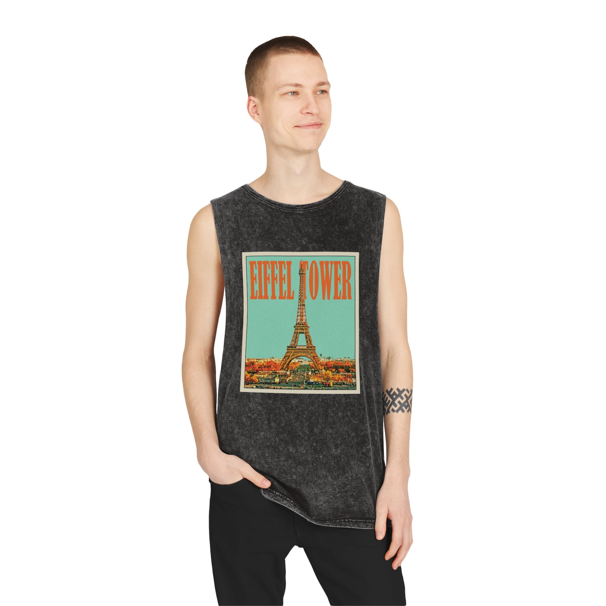 Eiffel Tower Retro Travel Poster (1) Unisex Stonewash Tank Top - Image 3