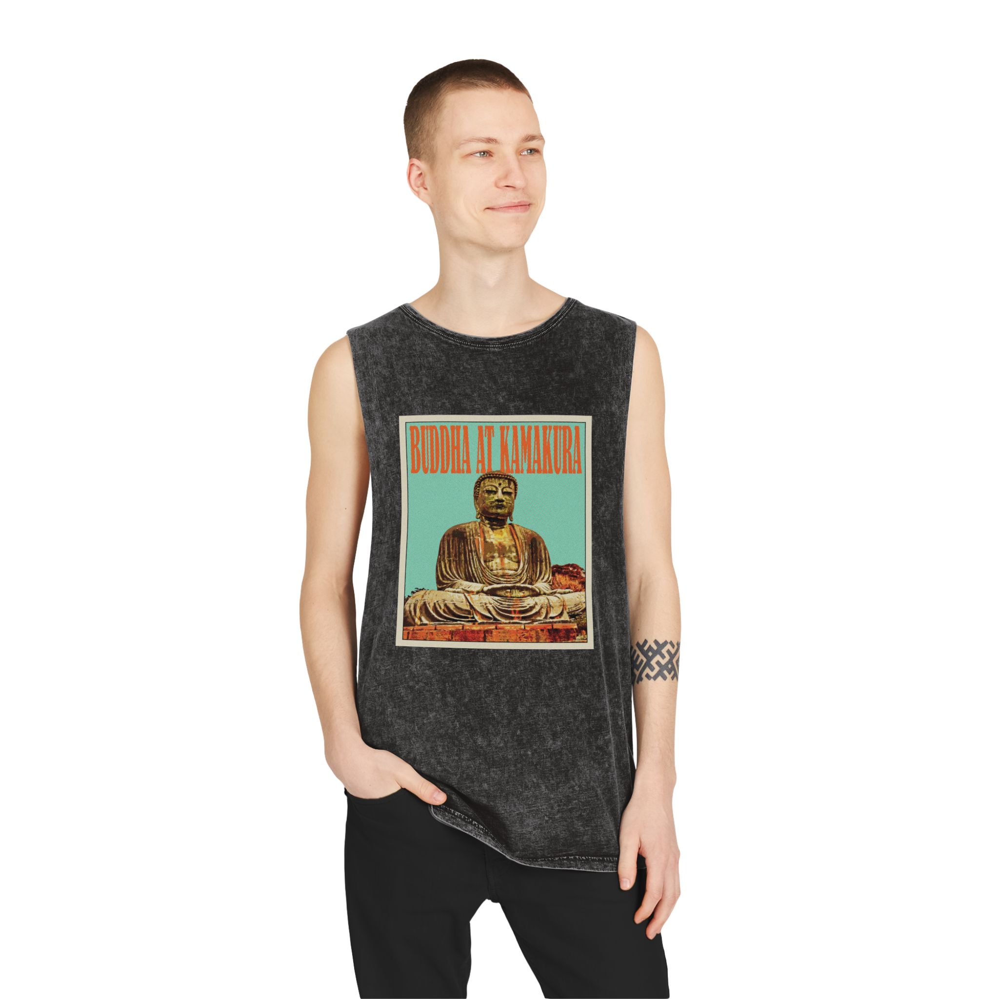 Buddha Kamakura Retro Travel Poster (1) Unisex Stonewash Tank Top - Image 3