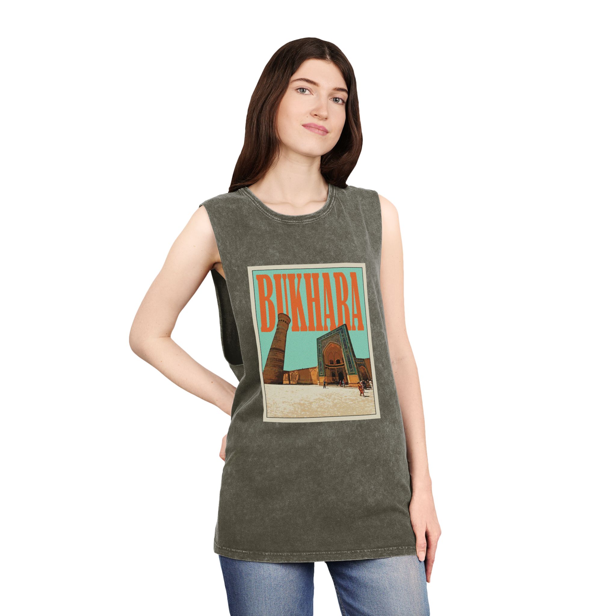 Bukhara Retro Travel Poster (1) Unisex Stonewash Tank Top - Image 8