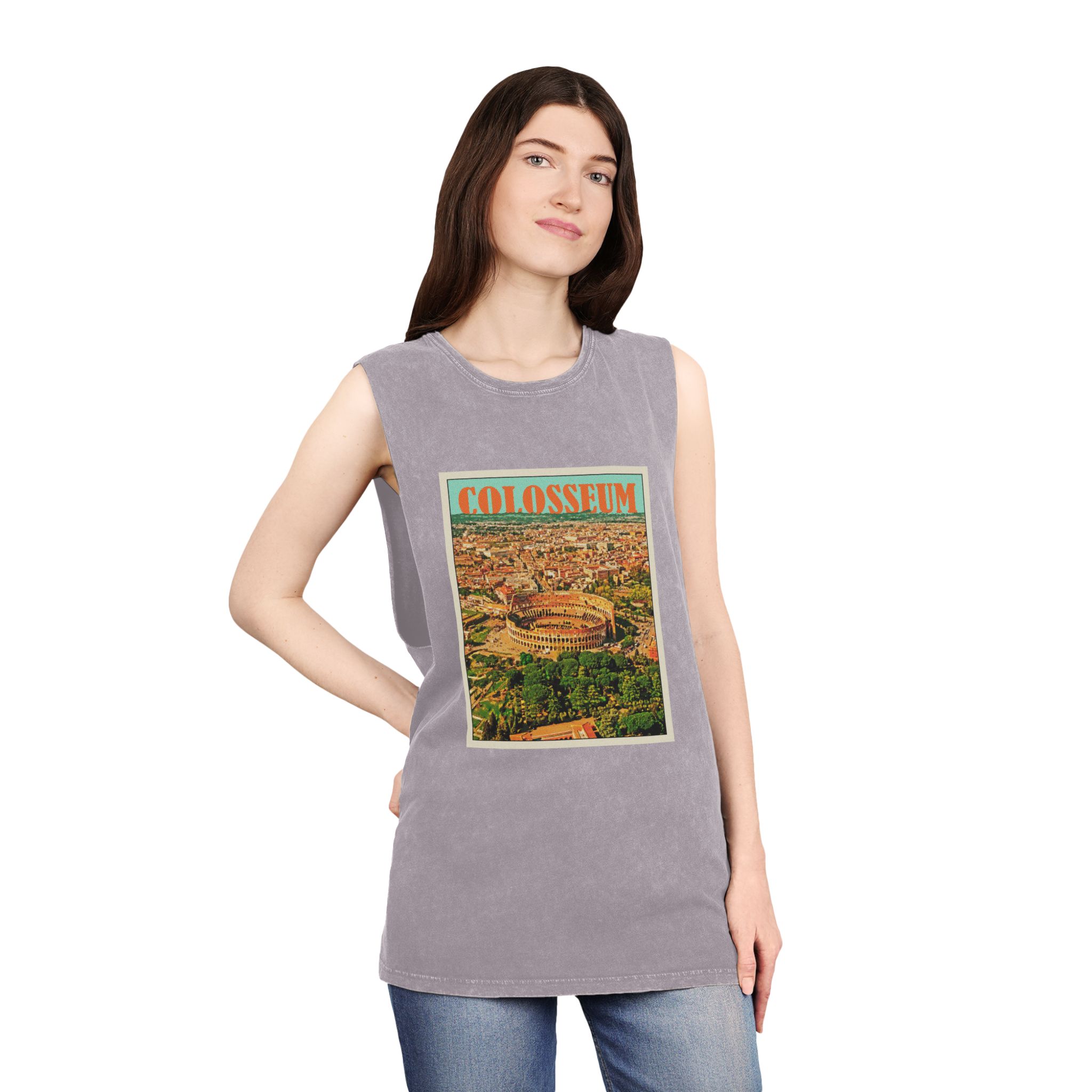 Colosseum Retro Travel Poster Unisex Stonewash Tank Top - Image 20