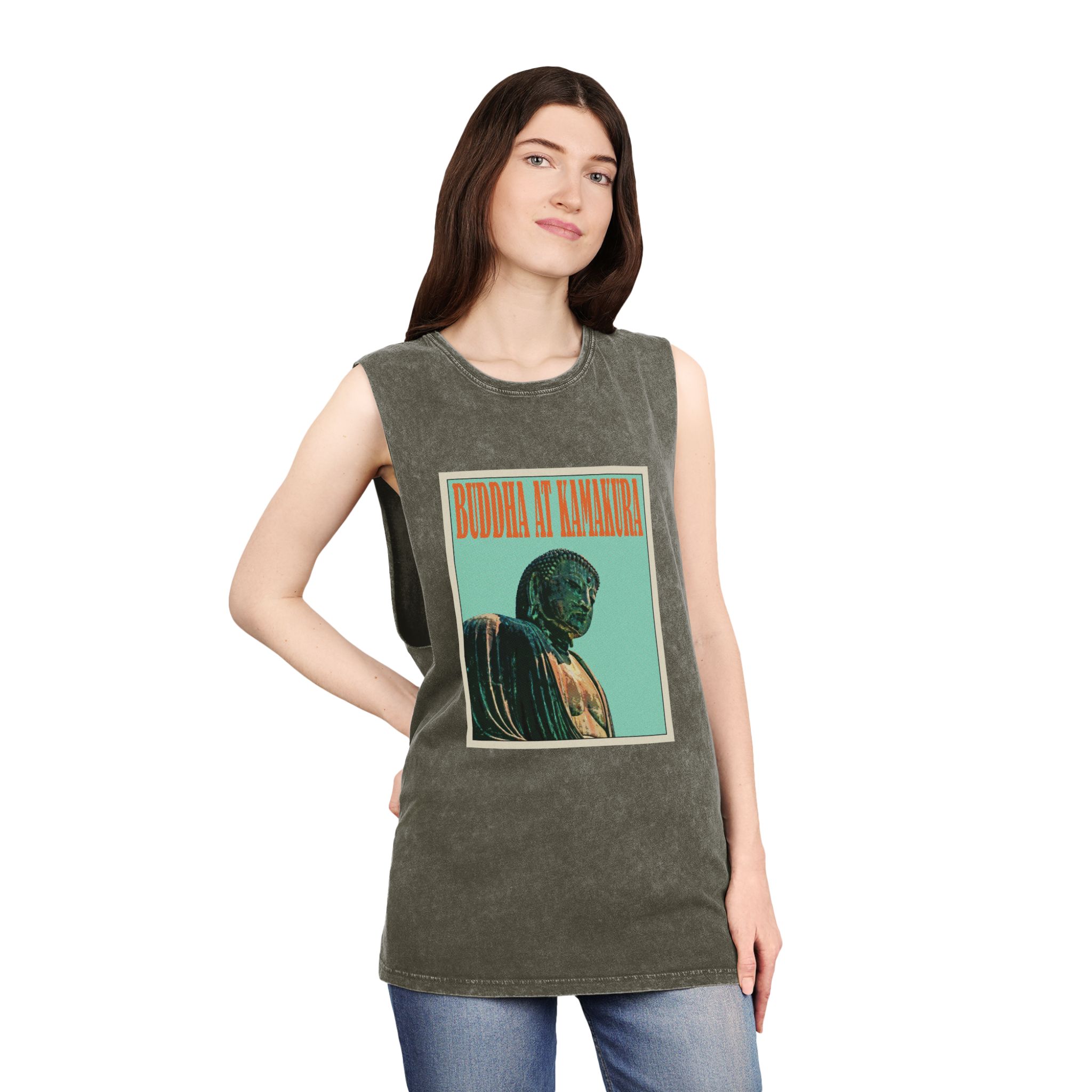 Buddha Kamakura Retro Travel Poster Unisex Stonewash Tank Top - Image 8