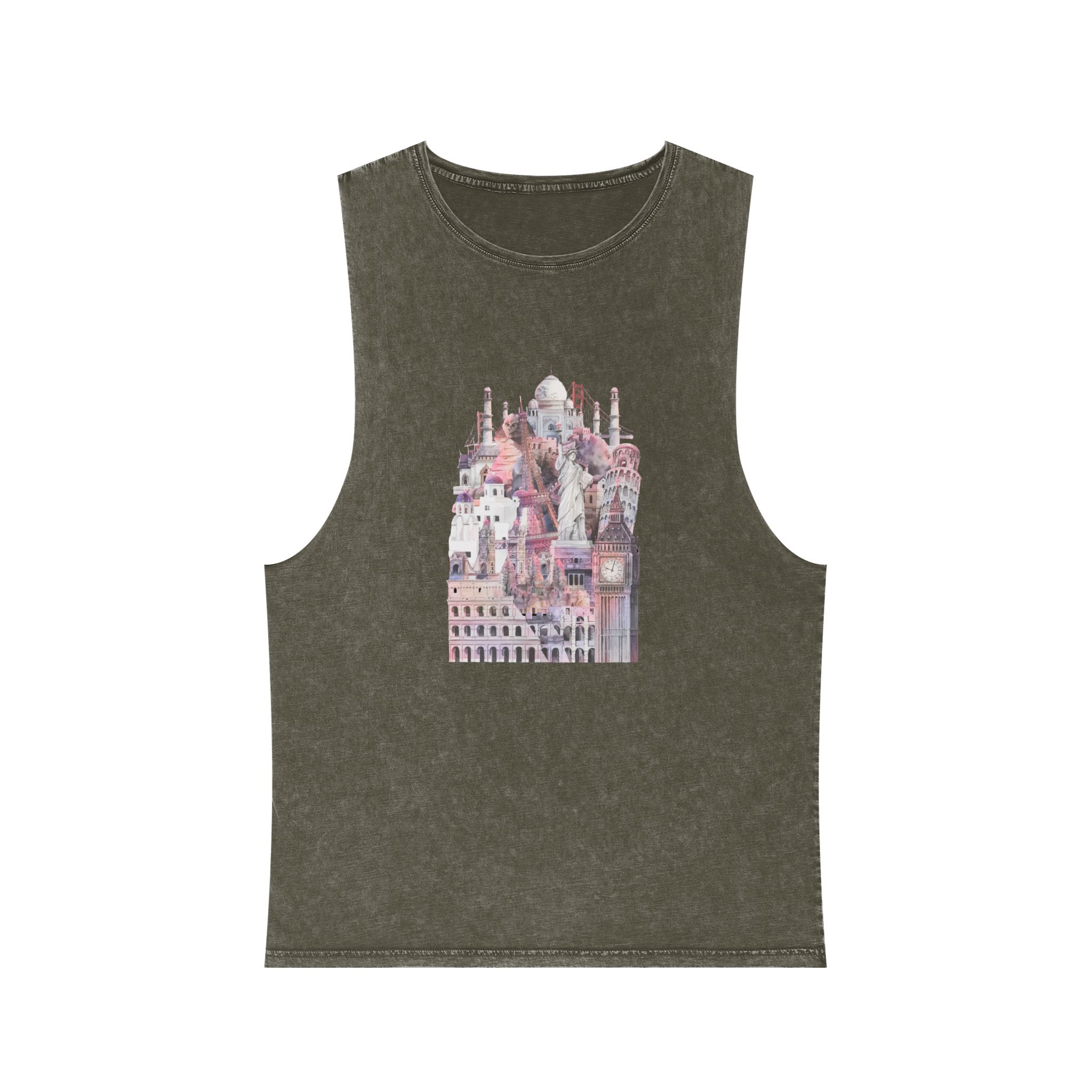 Collection Architectural Landmarks Painted By Watercolor Unisex Stonewash Tank Top - Image 5