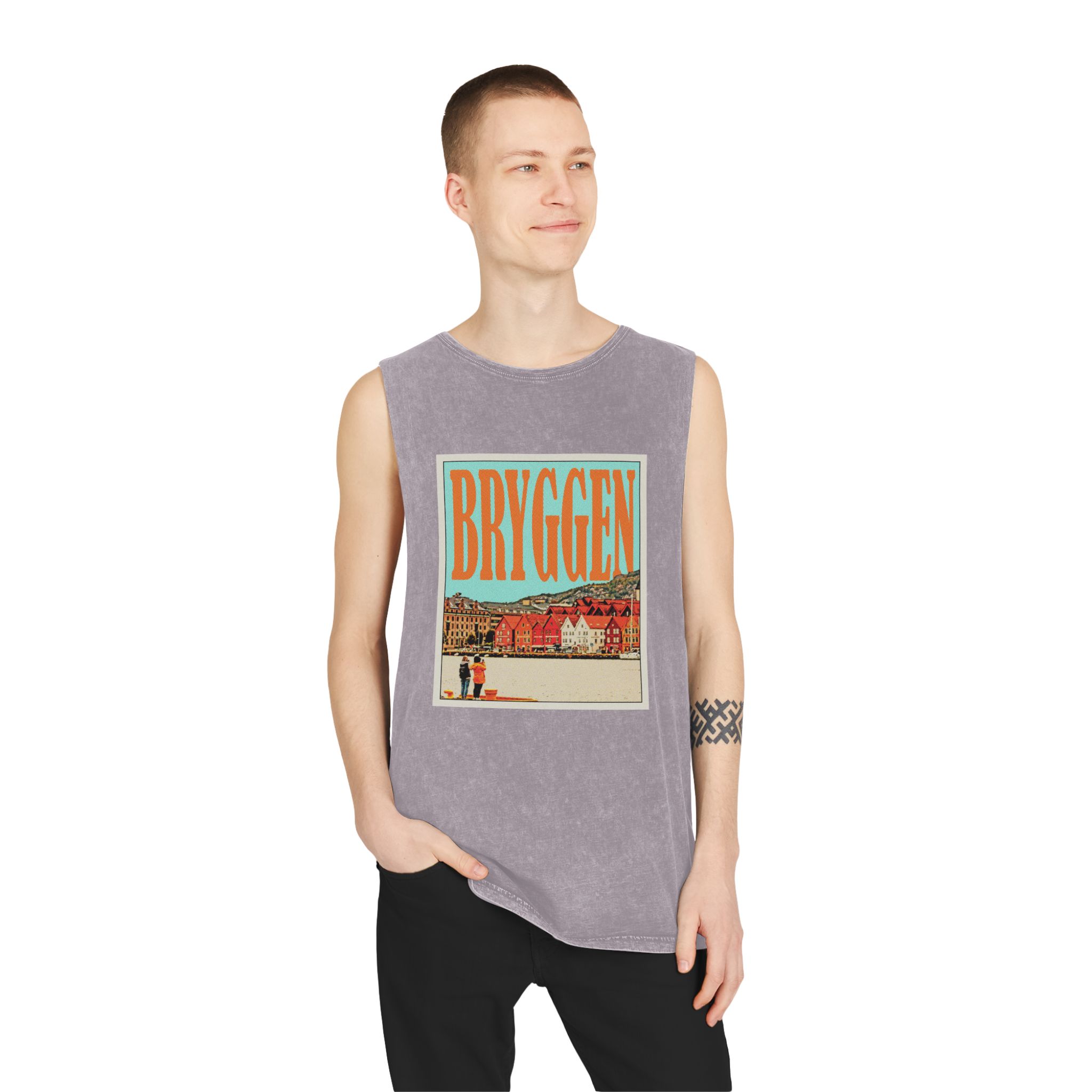Bryggen Retro Travel Poster (1) Unisex Stonewash Tank Top - Image 19