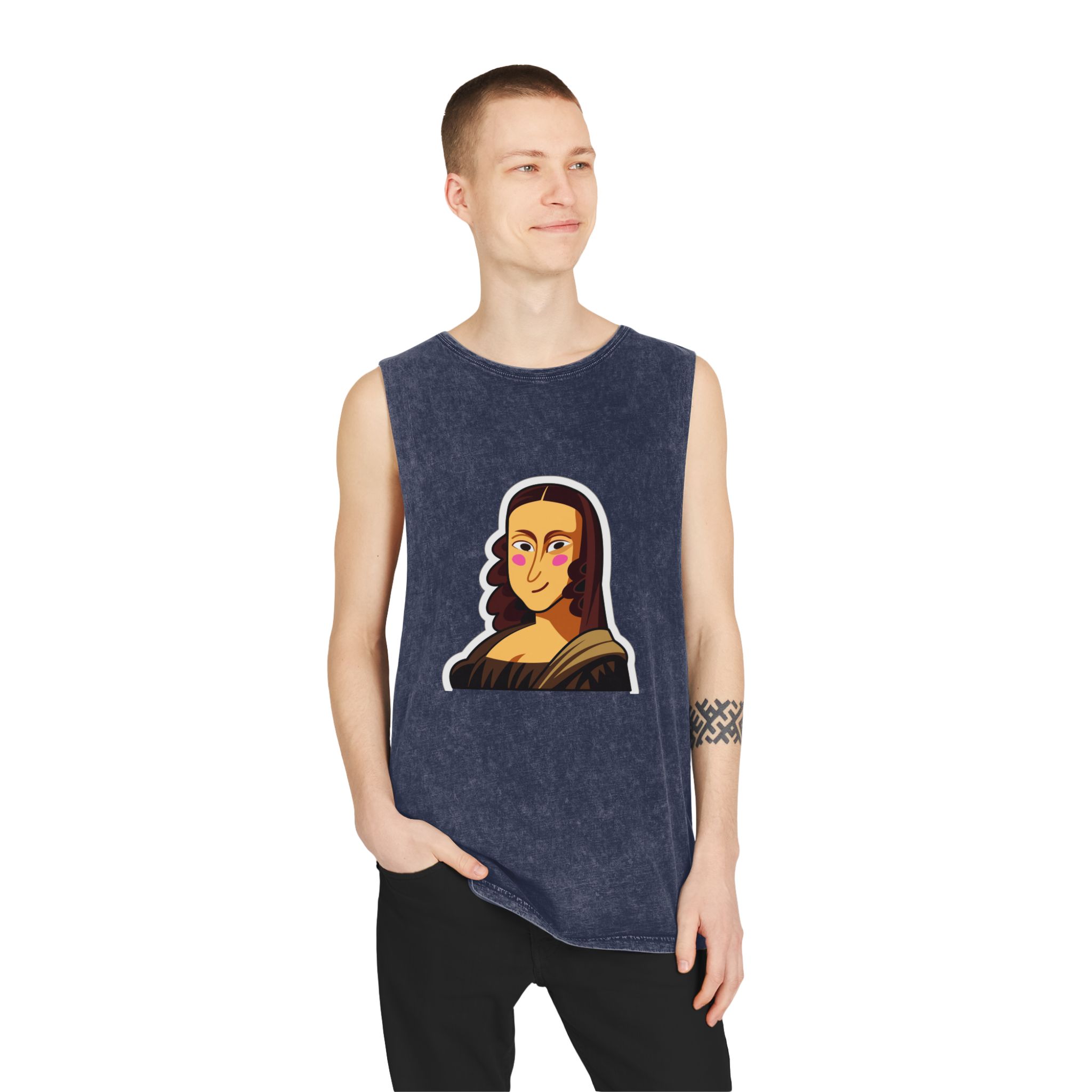 Cartoon Mona Lisa Sticker Unisex Stonewash Tank Top - Image 15