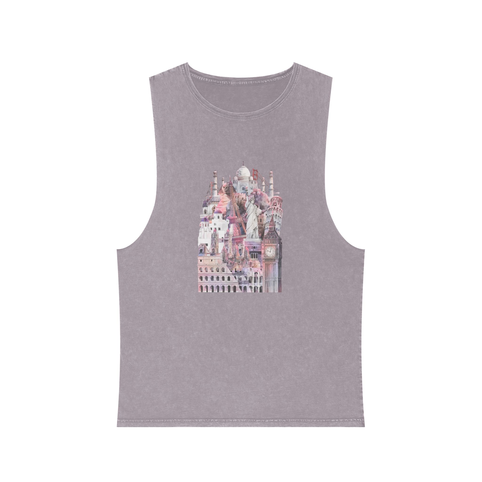 Collection Architectural Landmarks Painted By Watercolor Unisex Stonewash Tank Top - Image 17