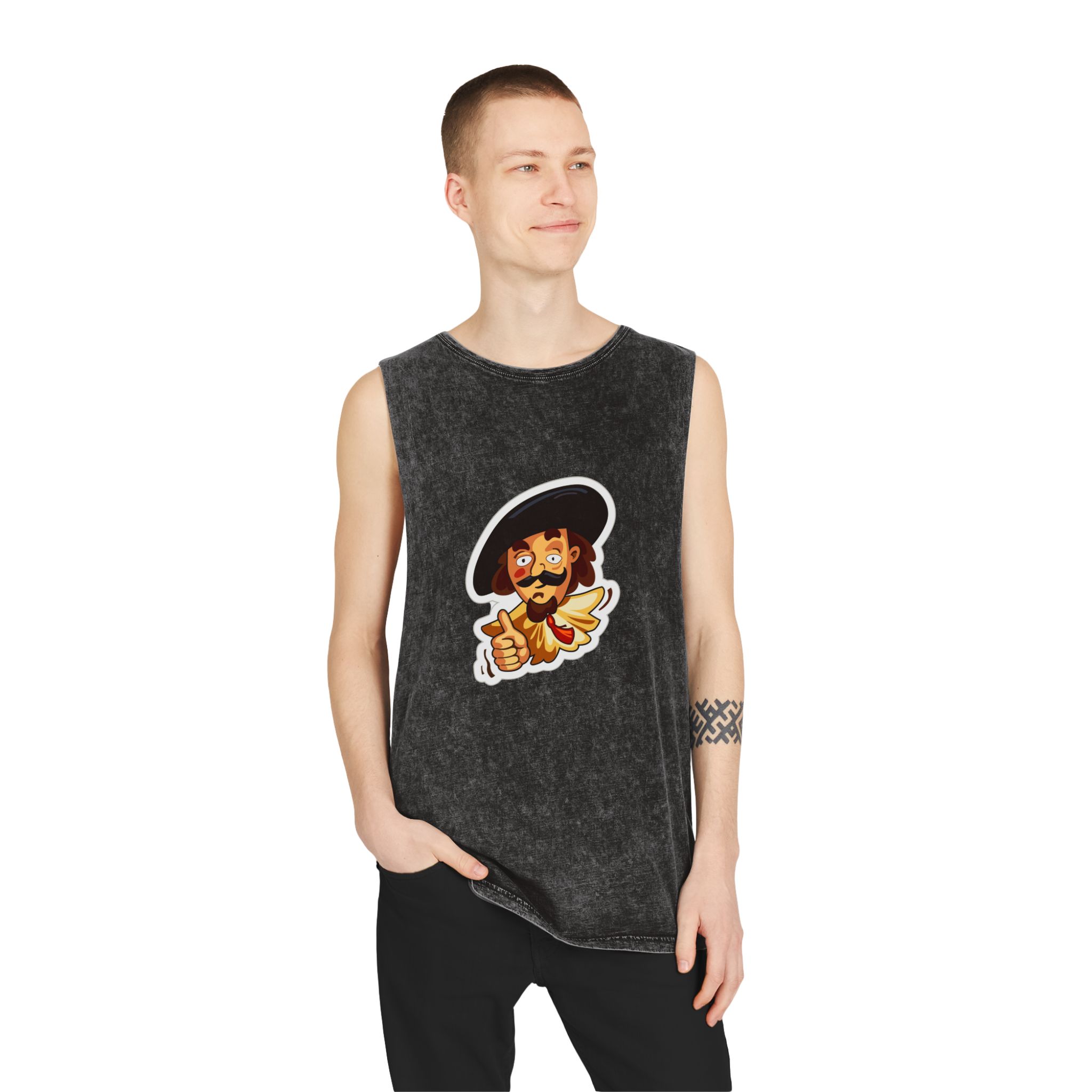Cartoon Musketeer Thumbs Up Unisex Stonewash Tank Top - Image 3