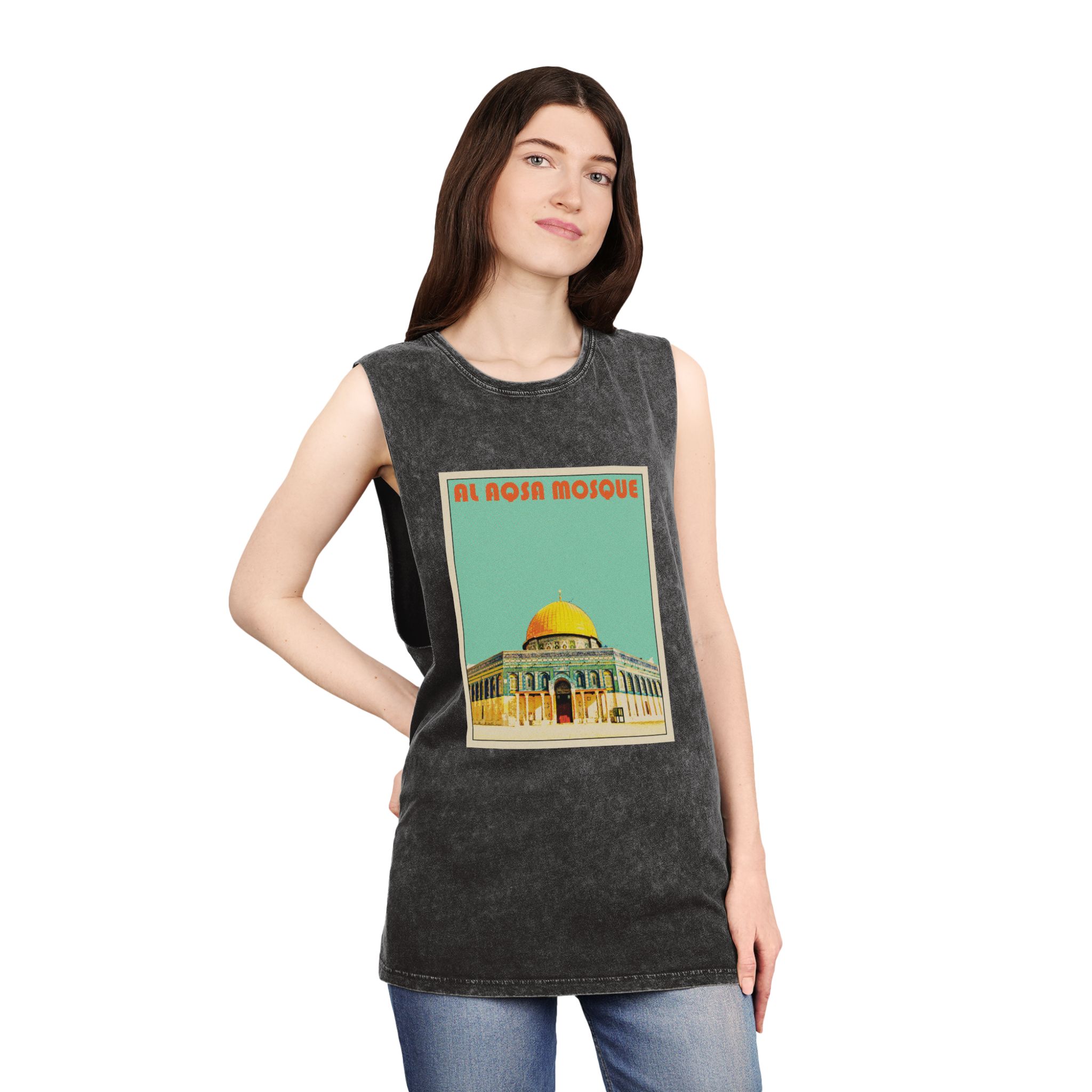 Al Aqsa Mosque Retro Travel Poster Unisex Stonewash Tank Top - Image 4