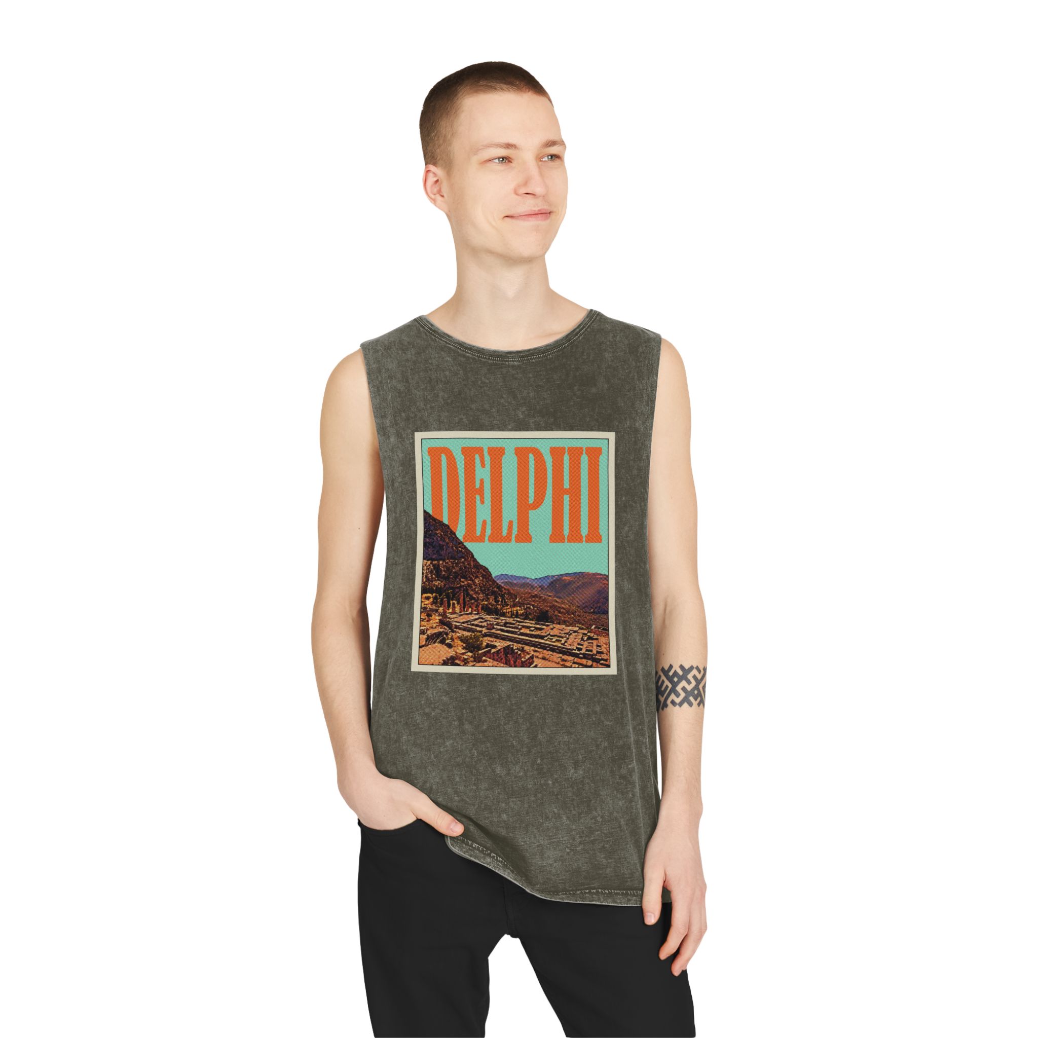 Delphi Retro Travel Poster Unisex Stonewash Tank Top - Image 7