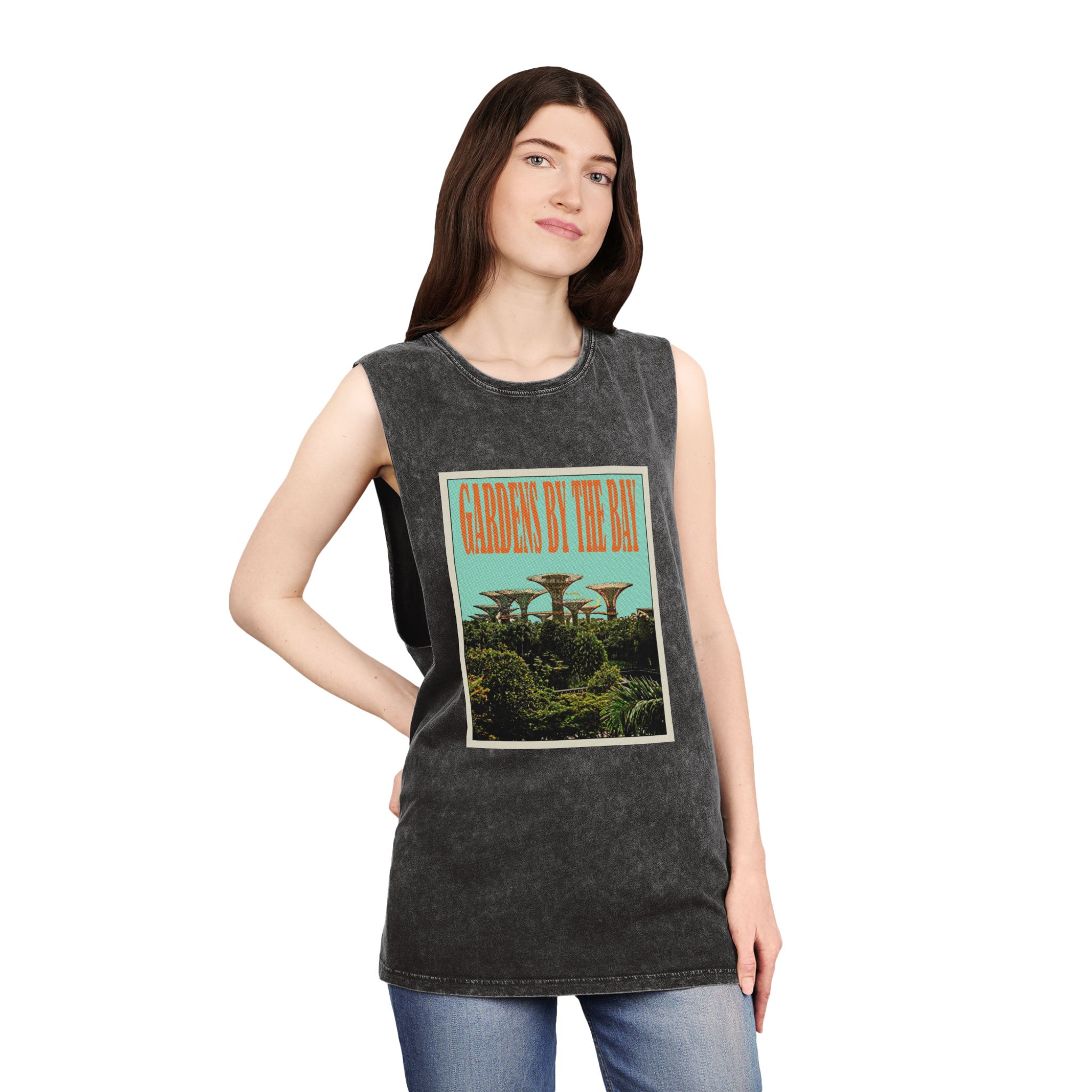 Gardens By Bay Retro Travel Poster Unisex Stonewash Tank Top - Image 4
