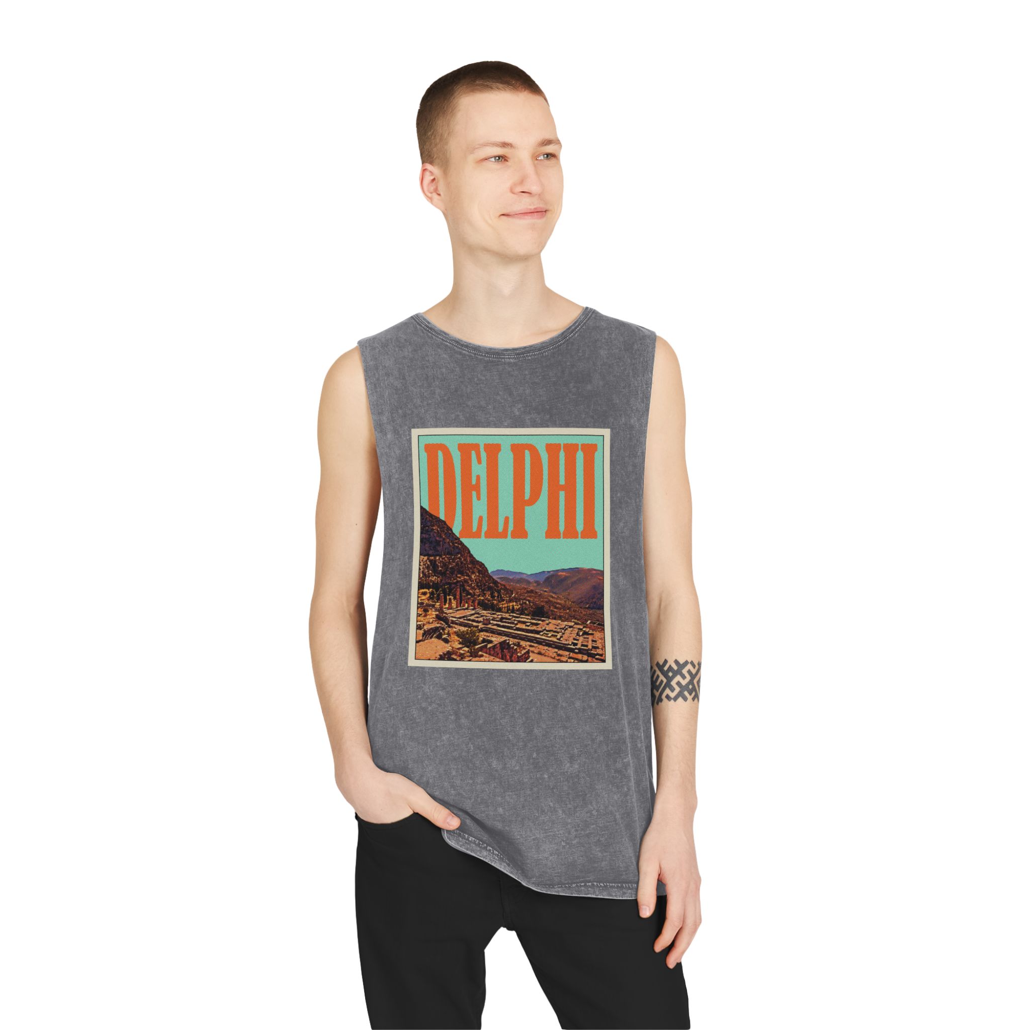 Delphi Retro Travel Poster Unisex Stonewash Tank Top - Image 11