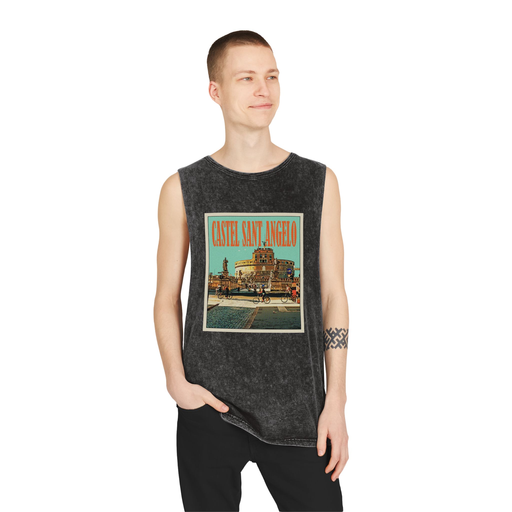 Castel Sant Angelo Retro Travel Poster Unisex Stonewash Tank Top - Image 3
