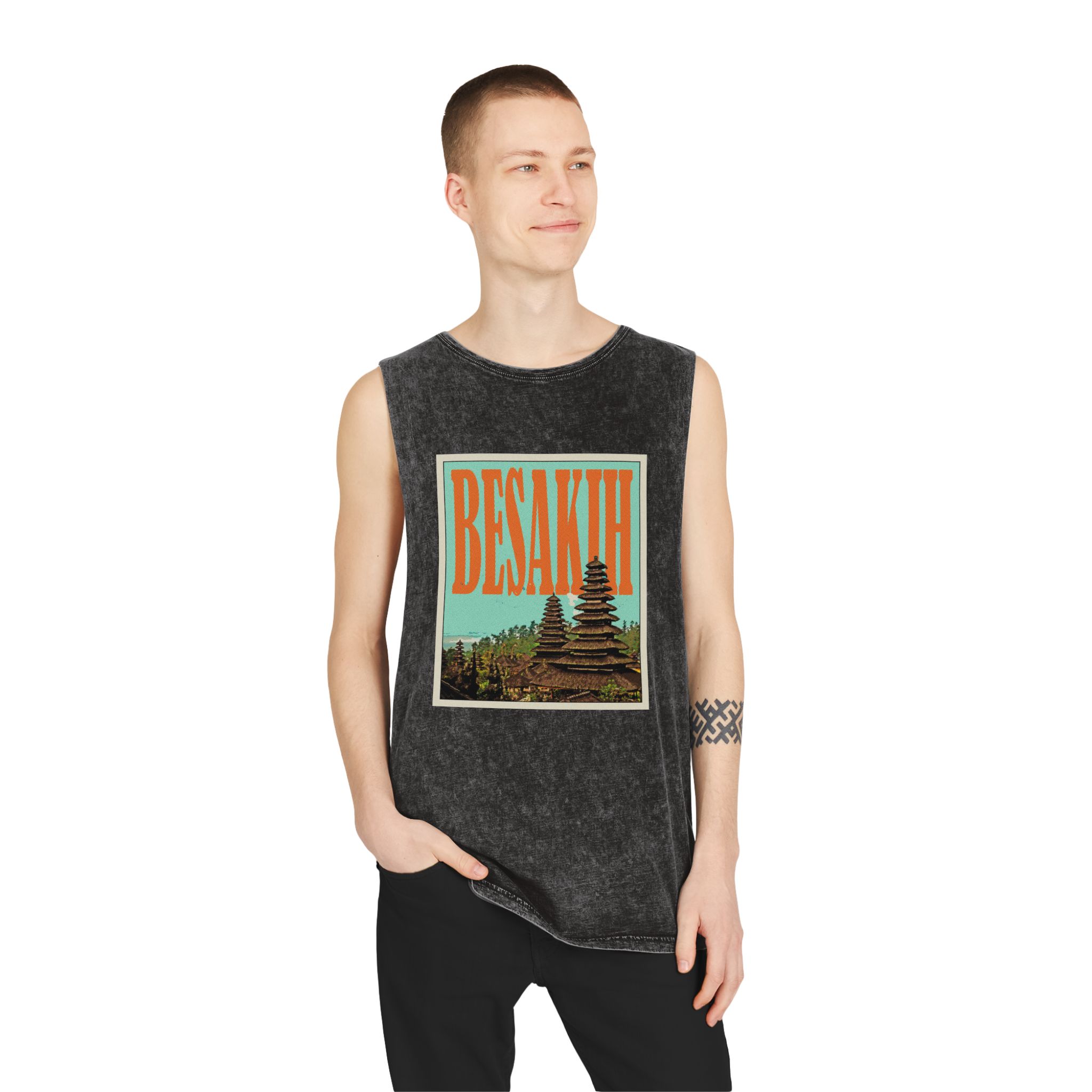 Besakih Retro Travel Poster Unisex Stonewash Tank Top - Image 3