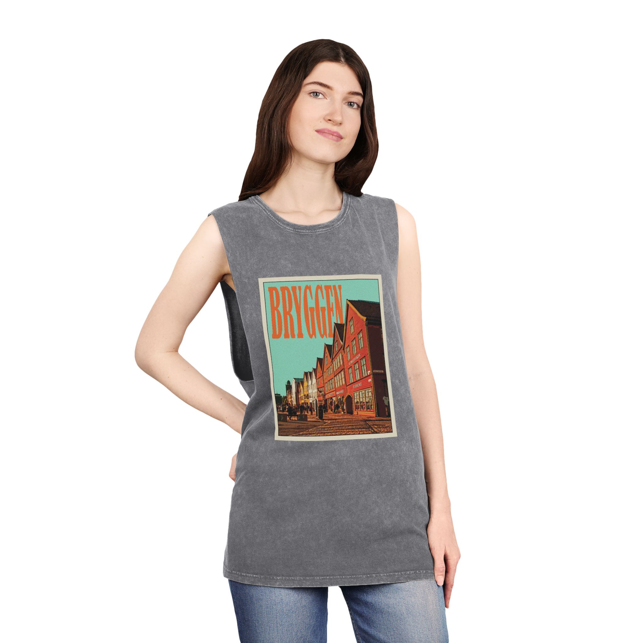 Bryggen Retro Travel Poster Unisex Stonewash Tank Top - Image 12