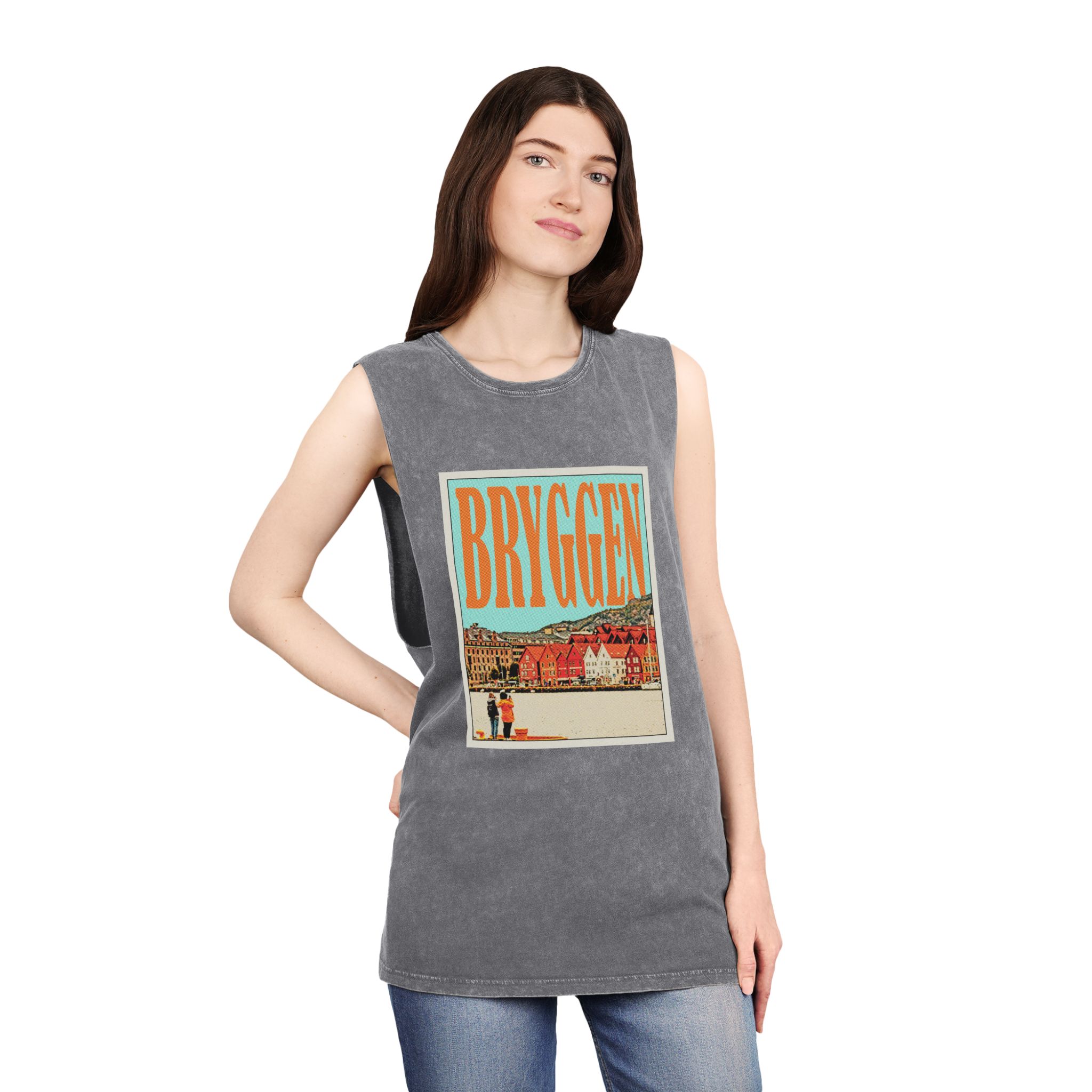 Bryggen Retro Travel Poster (1) Unisex Stonewash Tank Top - Image 12