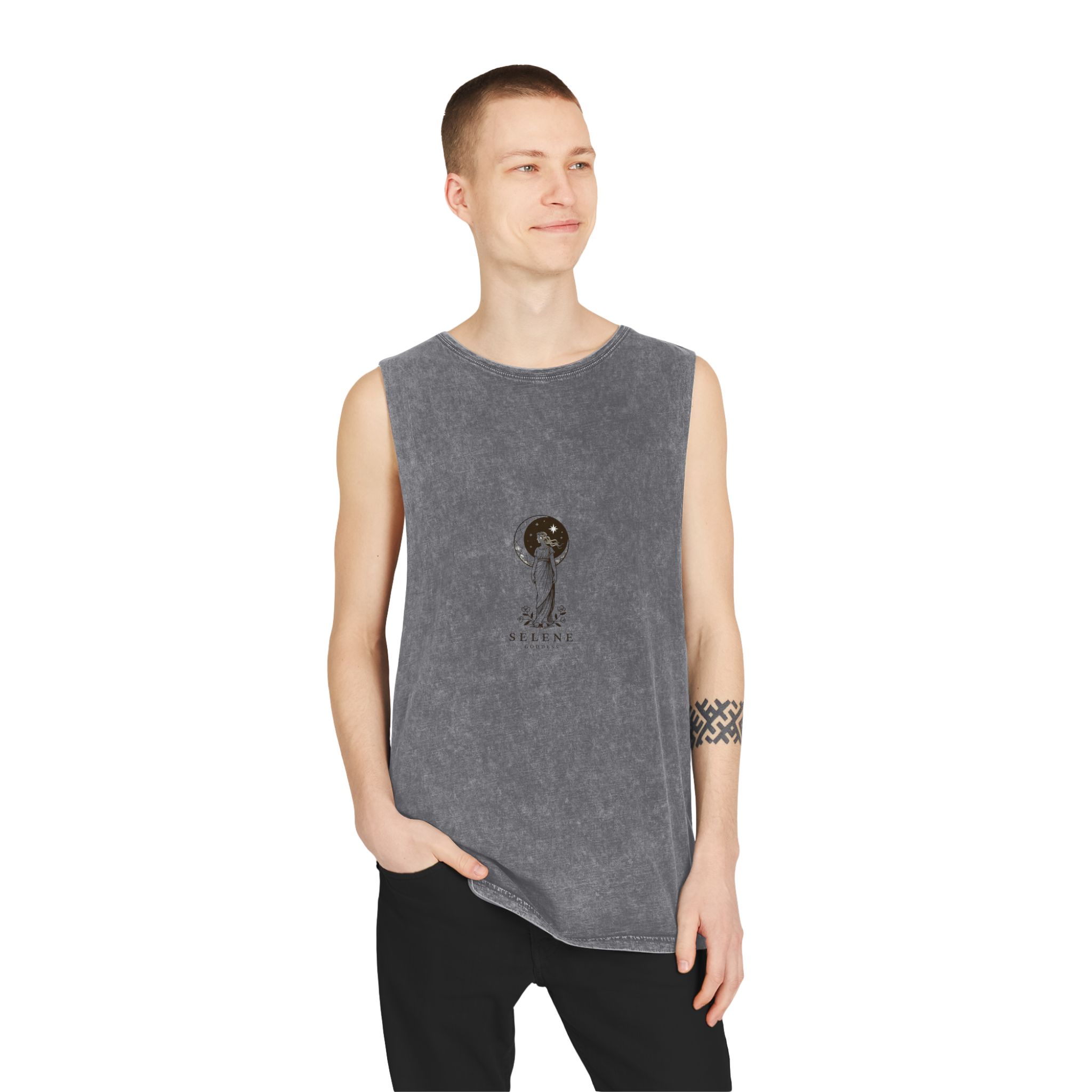 Engraving Illustration Selene Greek Moon Goddess Vector Template Unisex Stonewash Tank Top - Image 11
