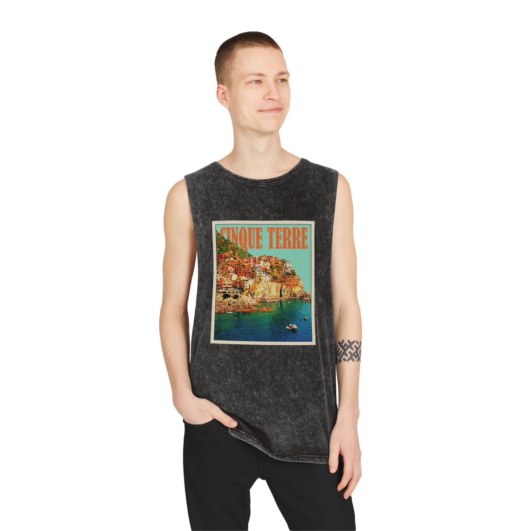 Cinque Terre Retro Travel Poster Unisex Stonewash Tank Top - Image 3