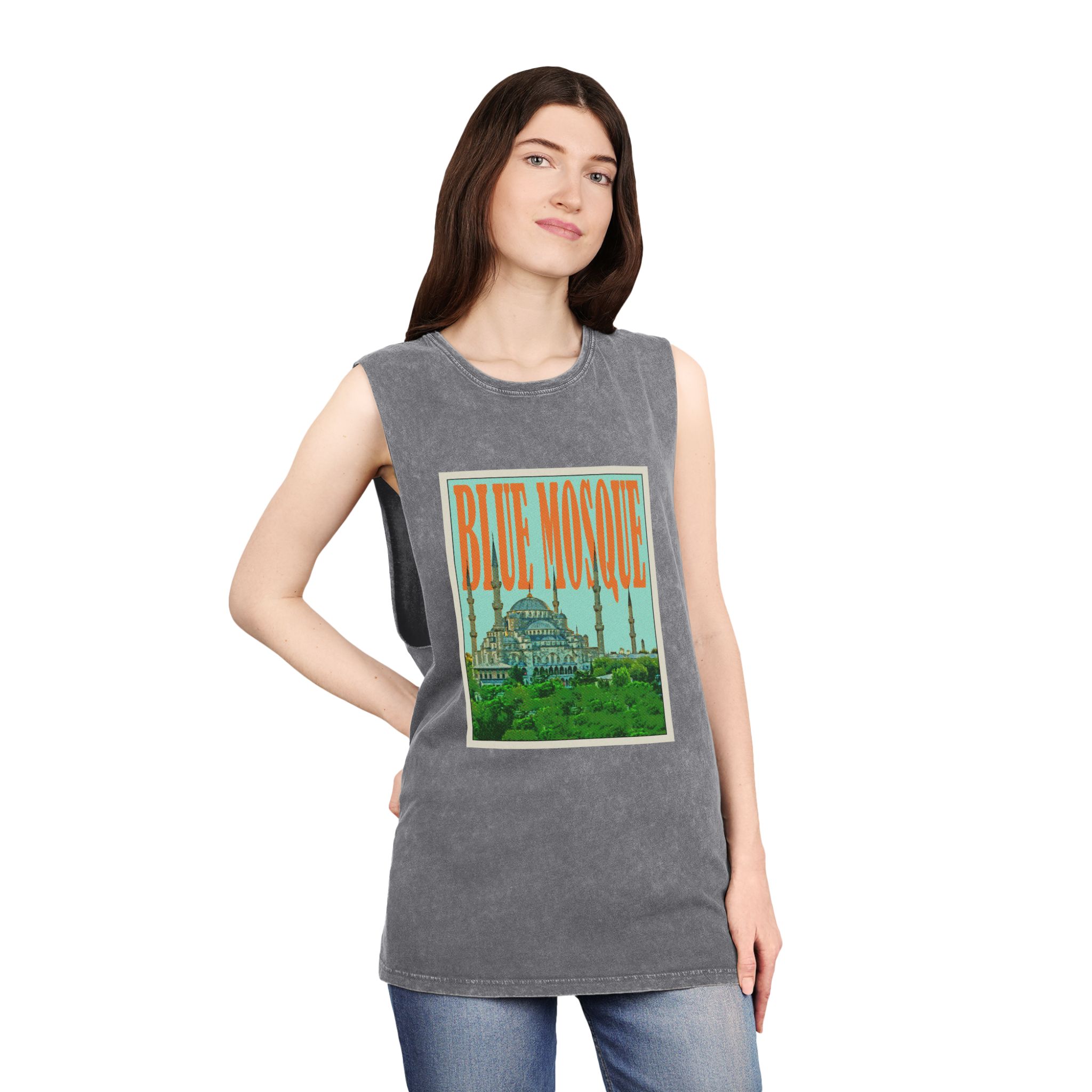 Blue Mosque Retro Travel Poster Unisex Stonewash Tank Top - Image 12