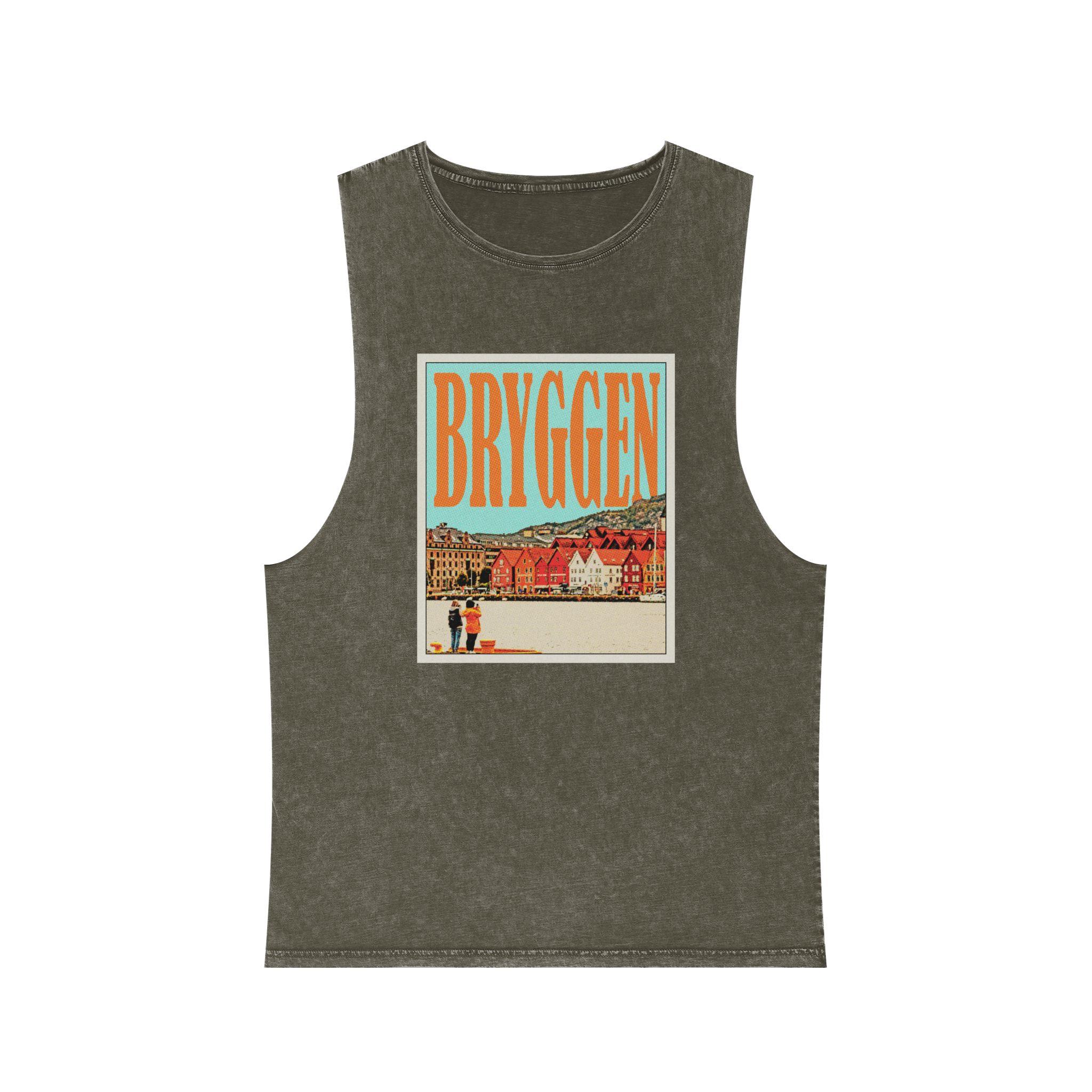 Bryggen Retro Travel Poster (1) Unisex Stonewash Tank Top - Image 5