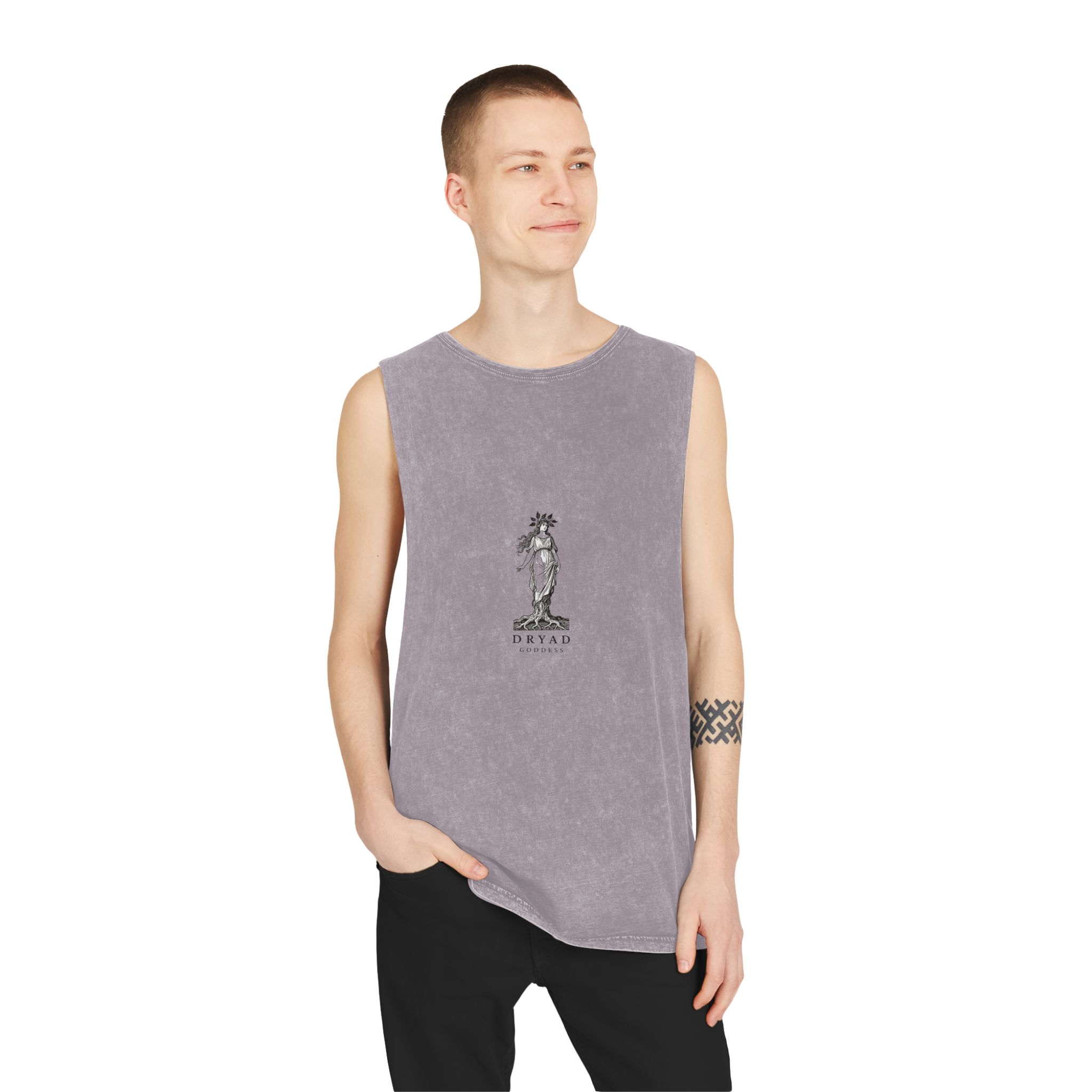 Engraved Logo Dryad Tree Spirit Woman With Roots Branches Symbolizing Forest Goddess Unisex Stonewash Tank Top - Image 19
